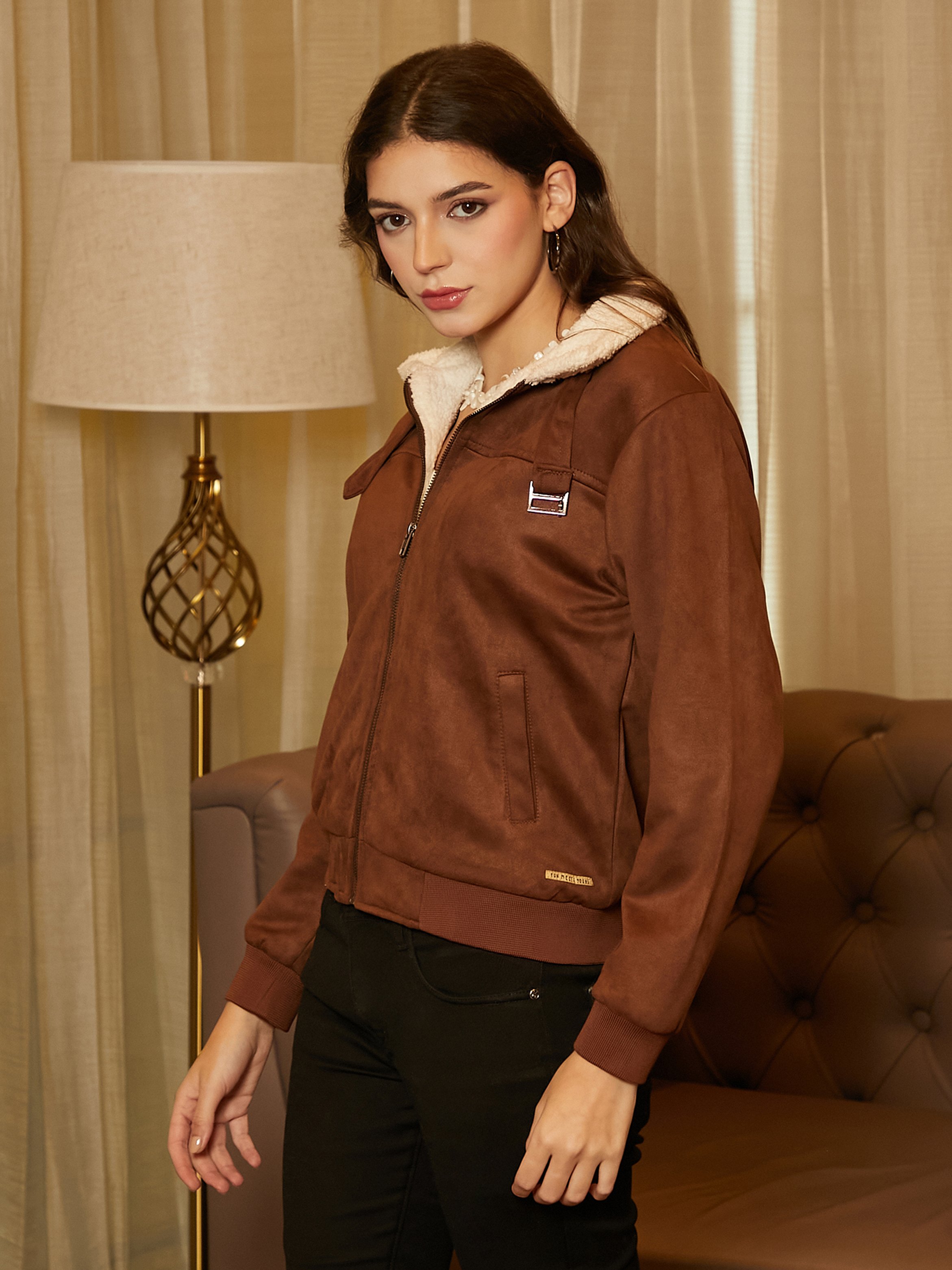 Brown Faux Suede Shearling Aviator Jacket