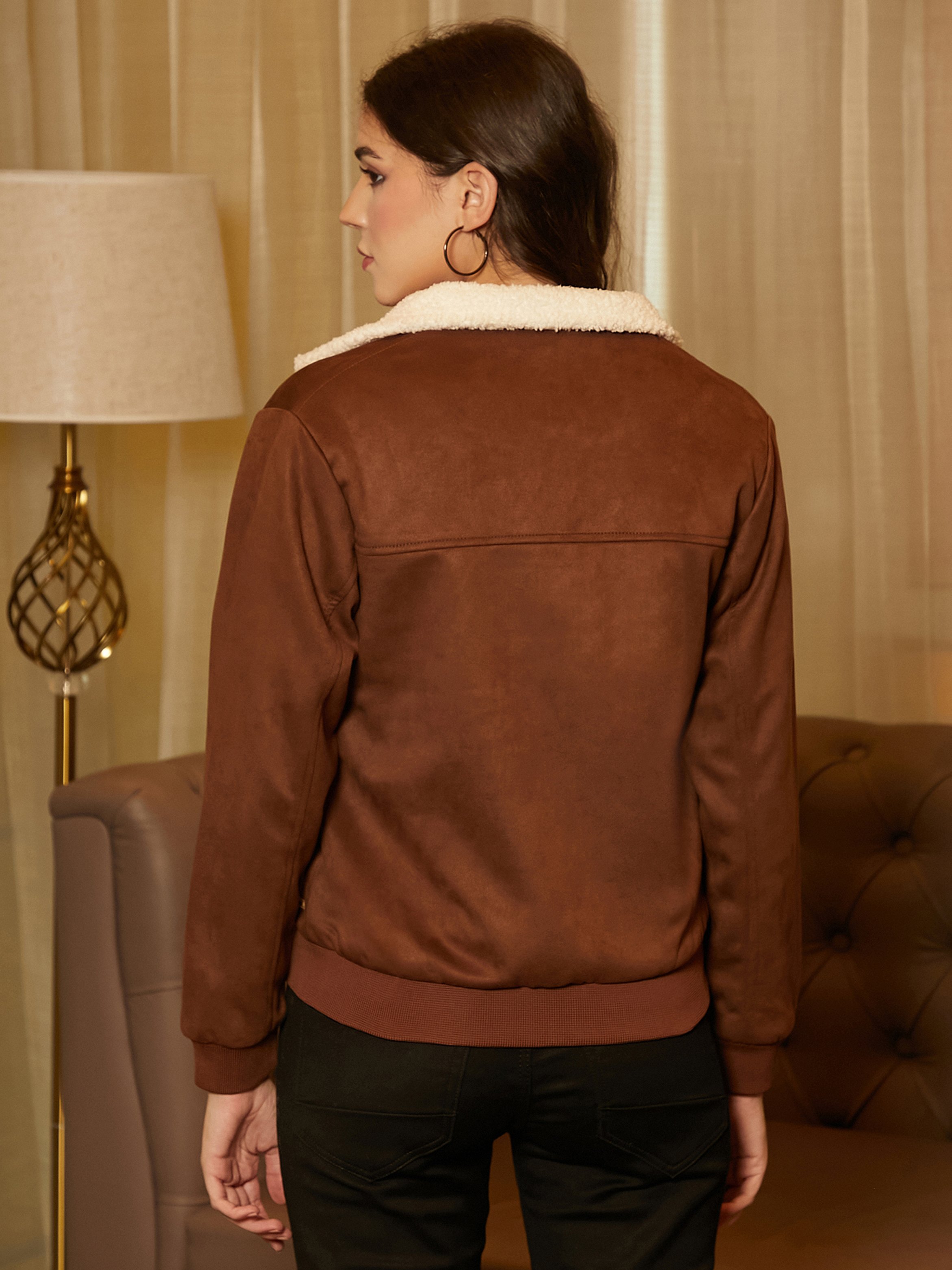 Brown Faux Suede Shearling Aviator Jacket