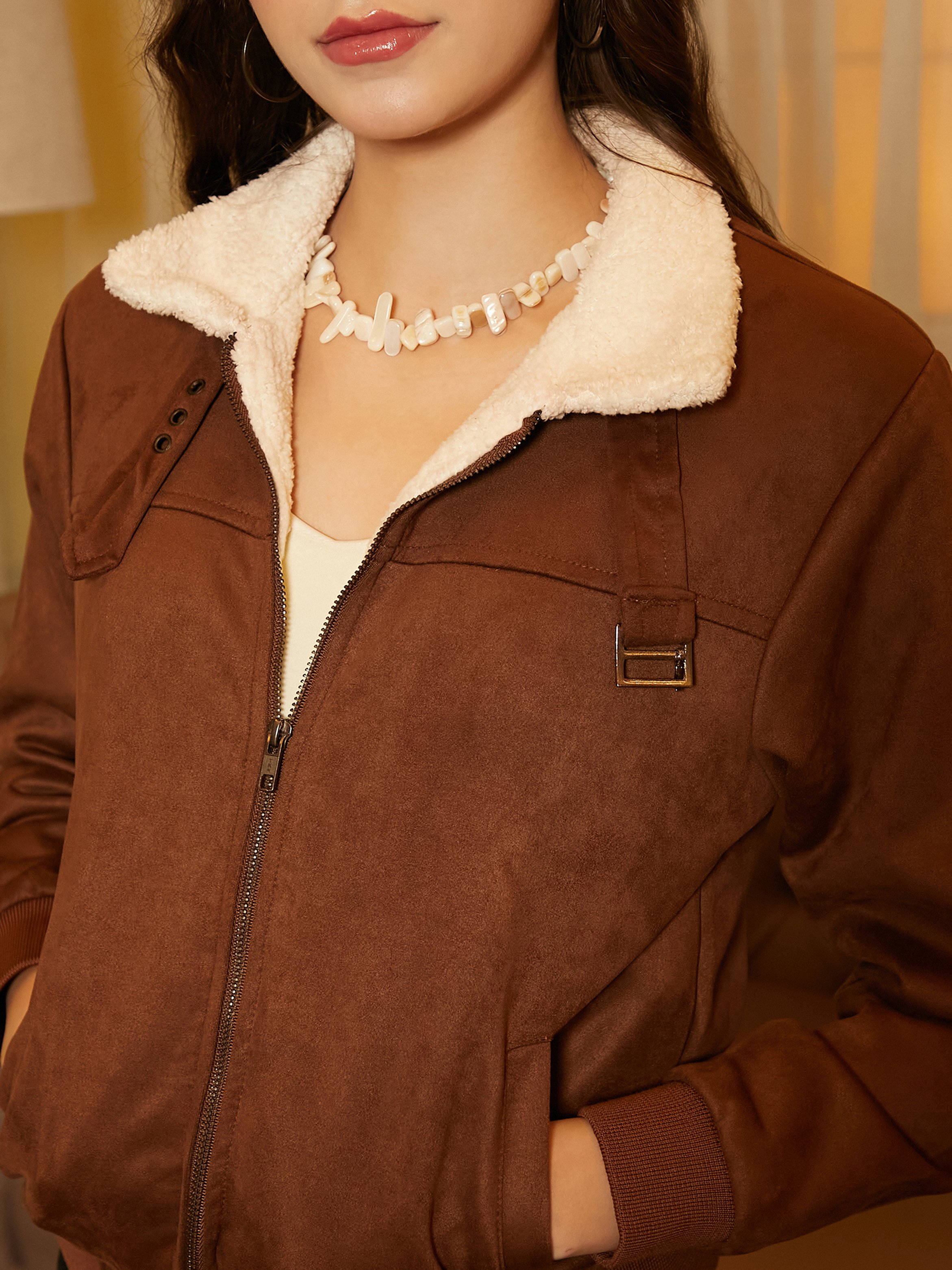 Brown Faux Suede Shearling Aviator Jacket