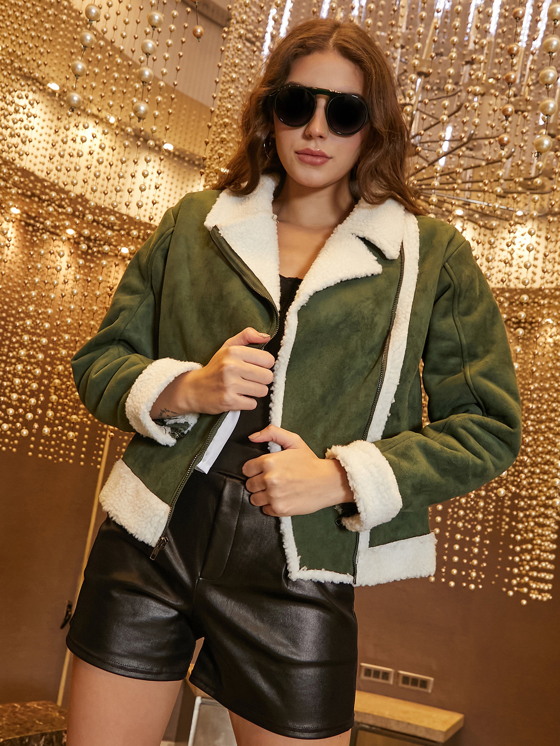 Olive Regular Fit Wool Like Biker Jacket