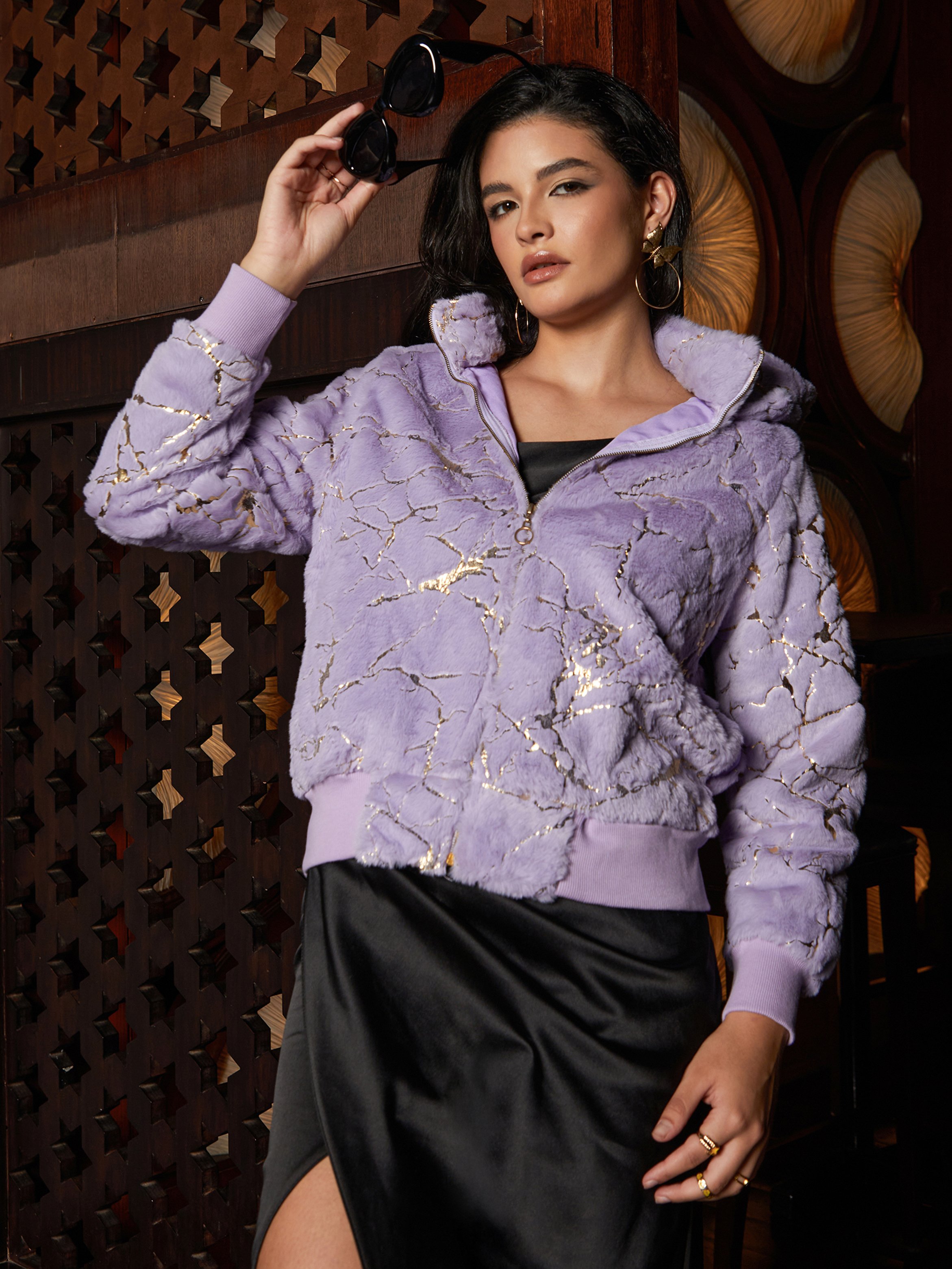 Lilac Faux Fur Jacket with Gold Veins