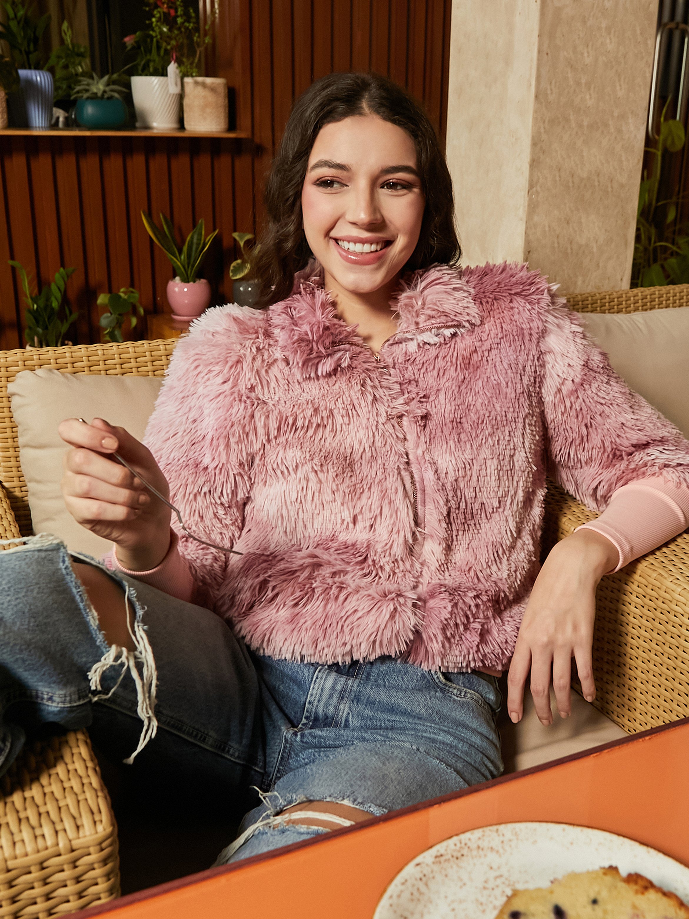 Pink Regular Length Faux Fur Jacket