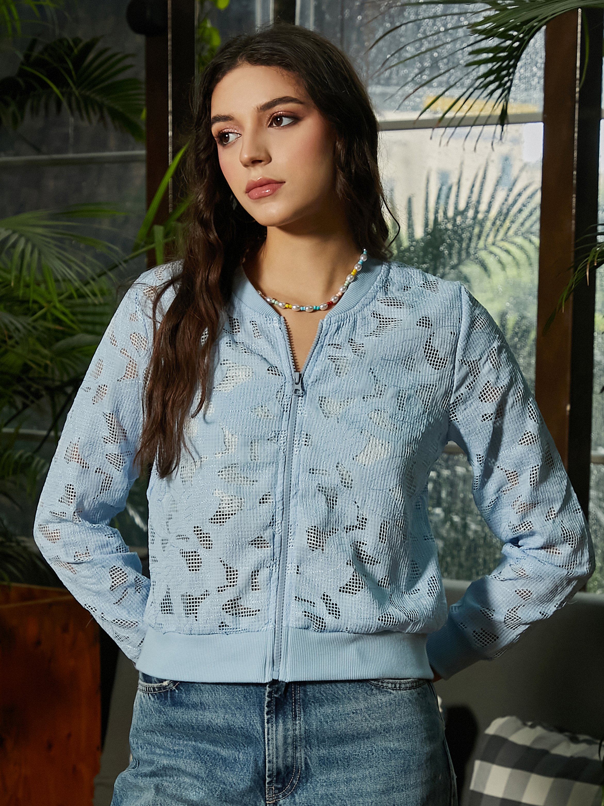 Light Blue Mesh Regular Biker Jacket