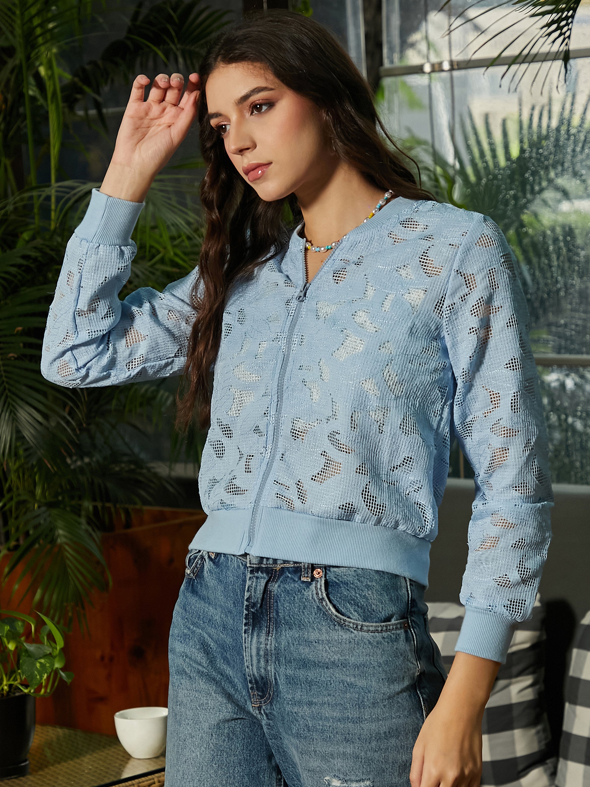 Light Blue Mesh Regular Biker Jacket