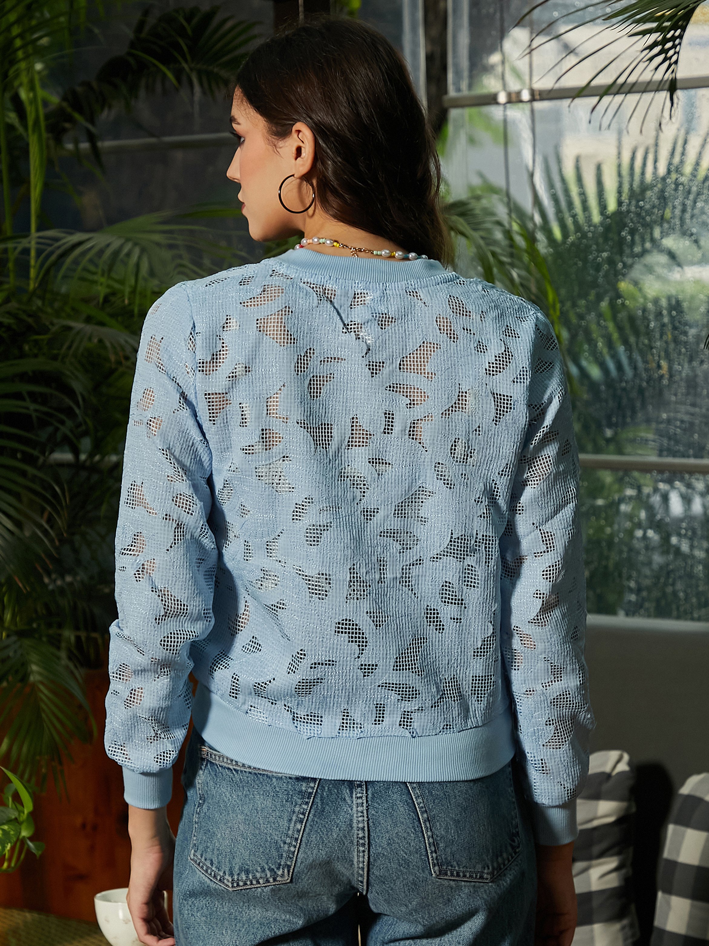 Light Blue Mesh Regular Biker Jacket