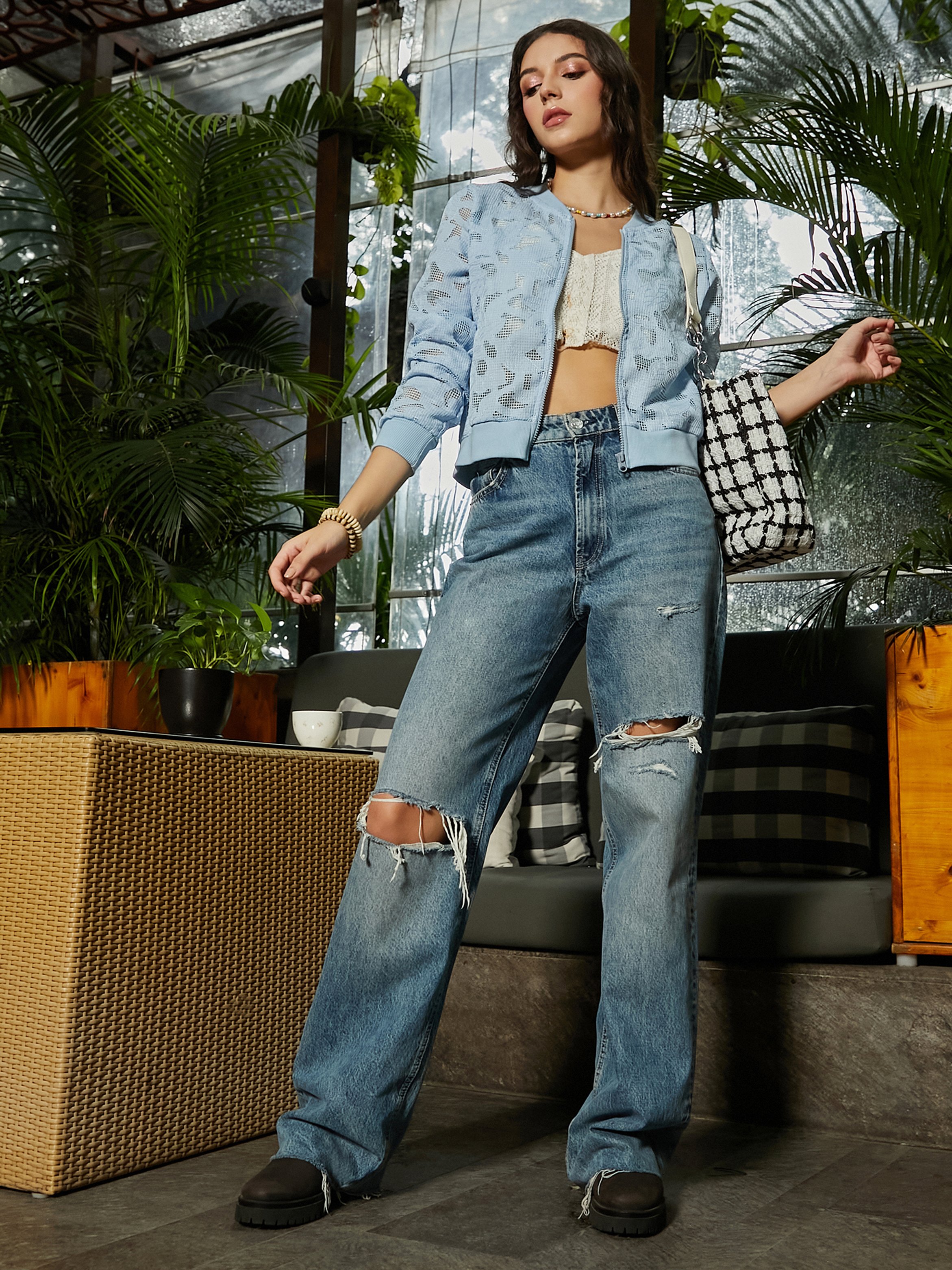 Light Blue Mesh Regular Biker Jacket