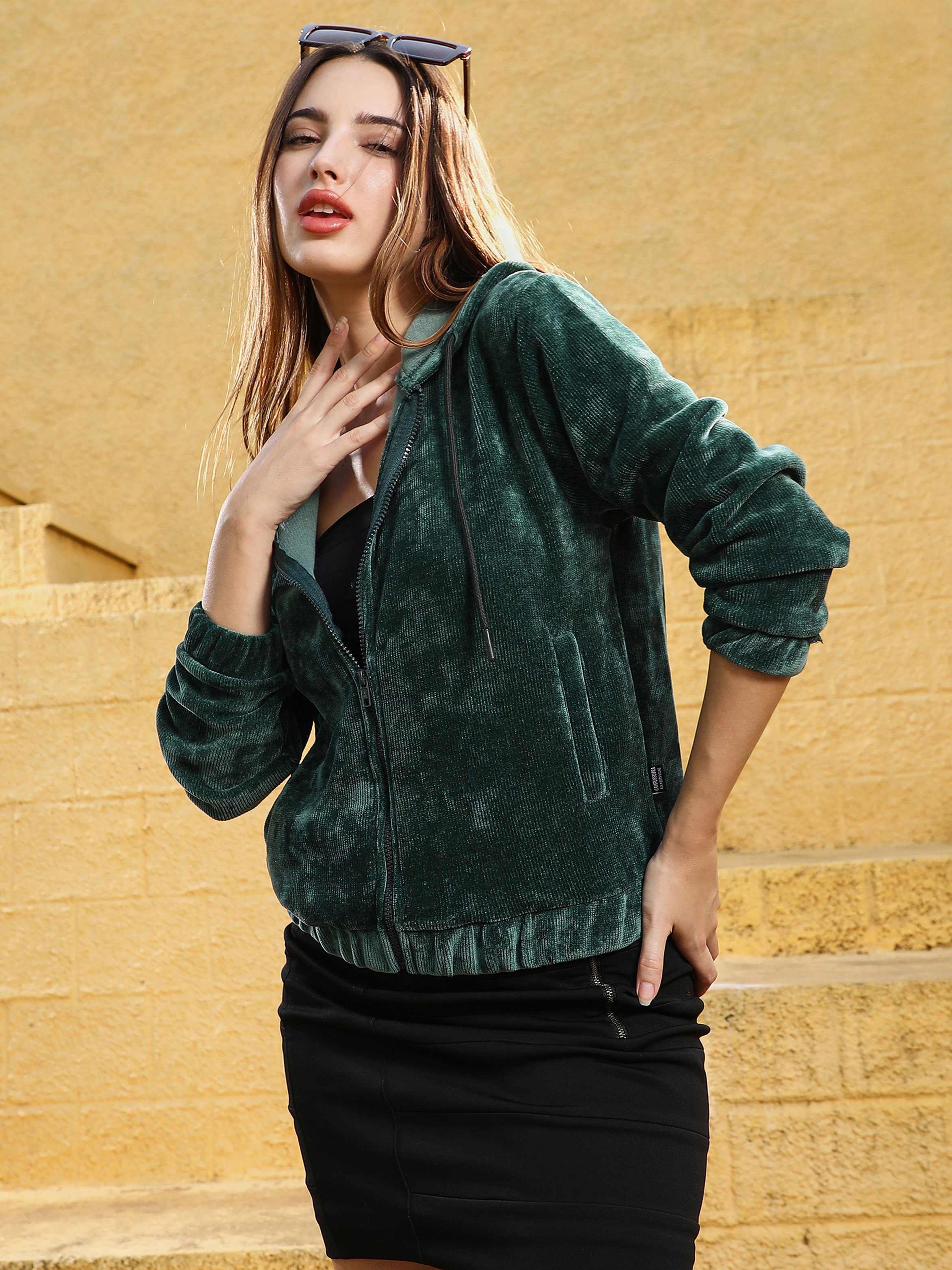 Emerald Green Regular Fit Corduroy Zip Hoodie