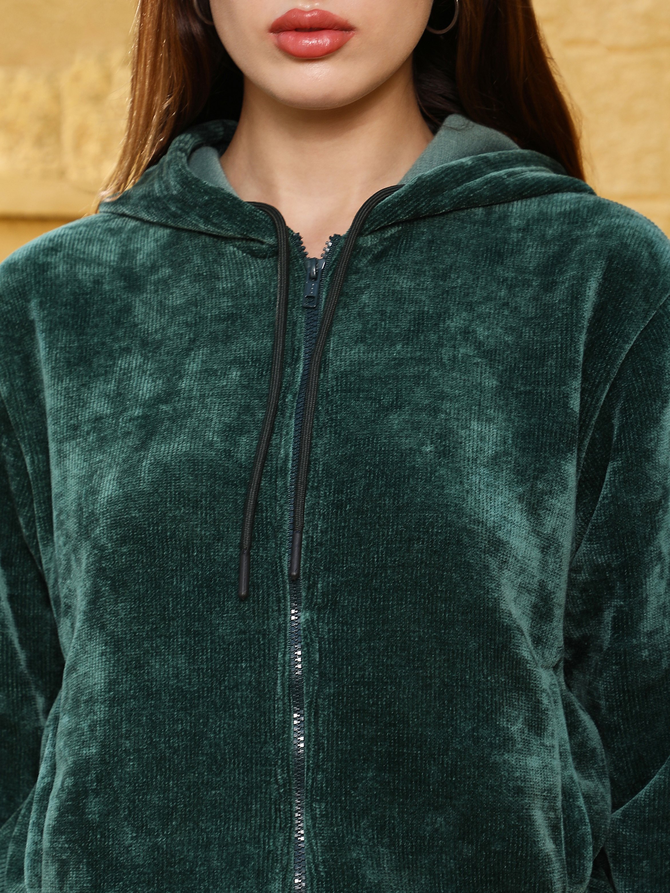 Emerald Green Regular Fit Corduroy Zip Hoodie