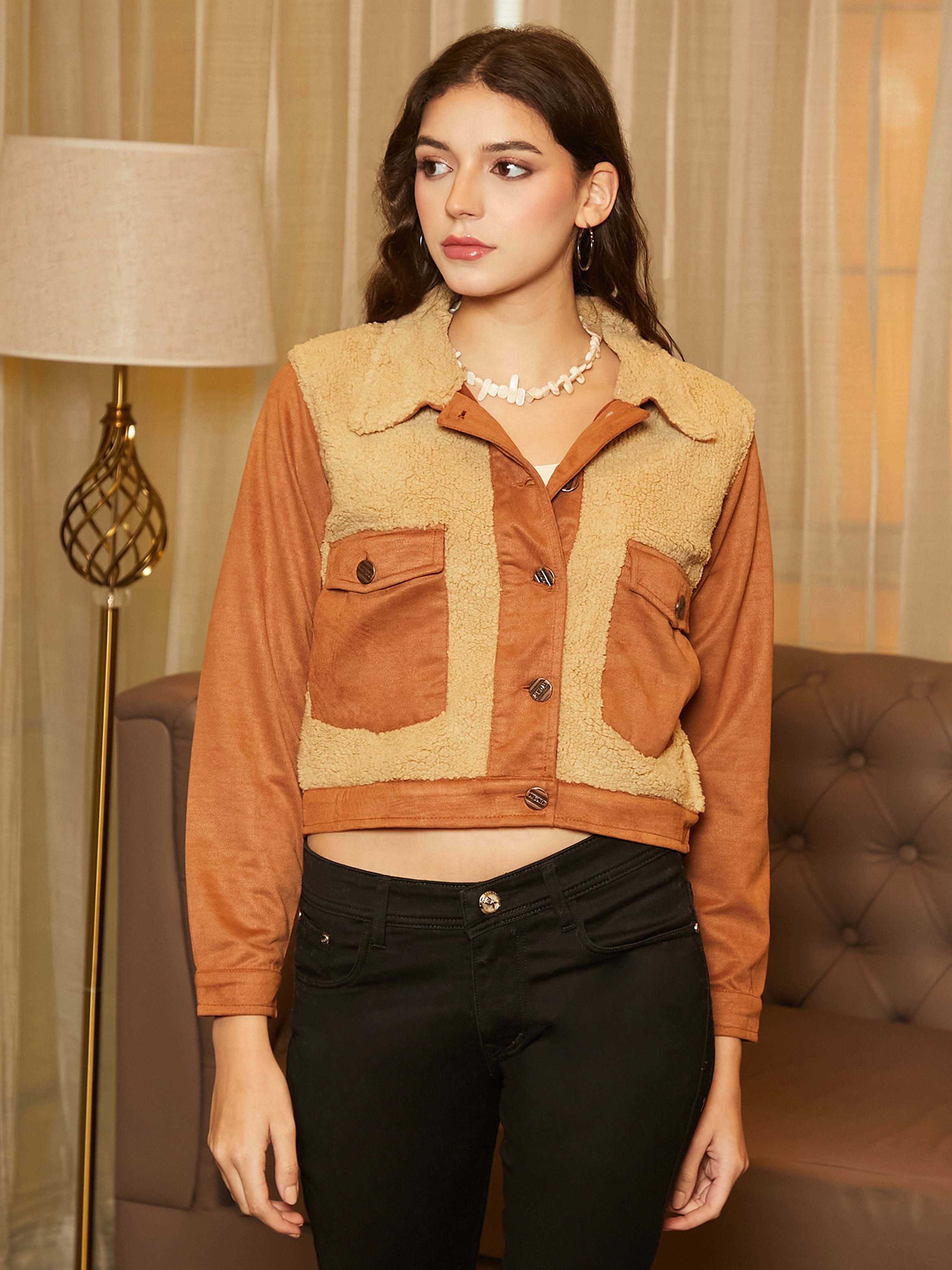 Brown Sherpa Trim Suede Jacket