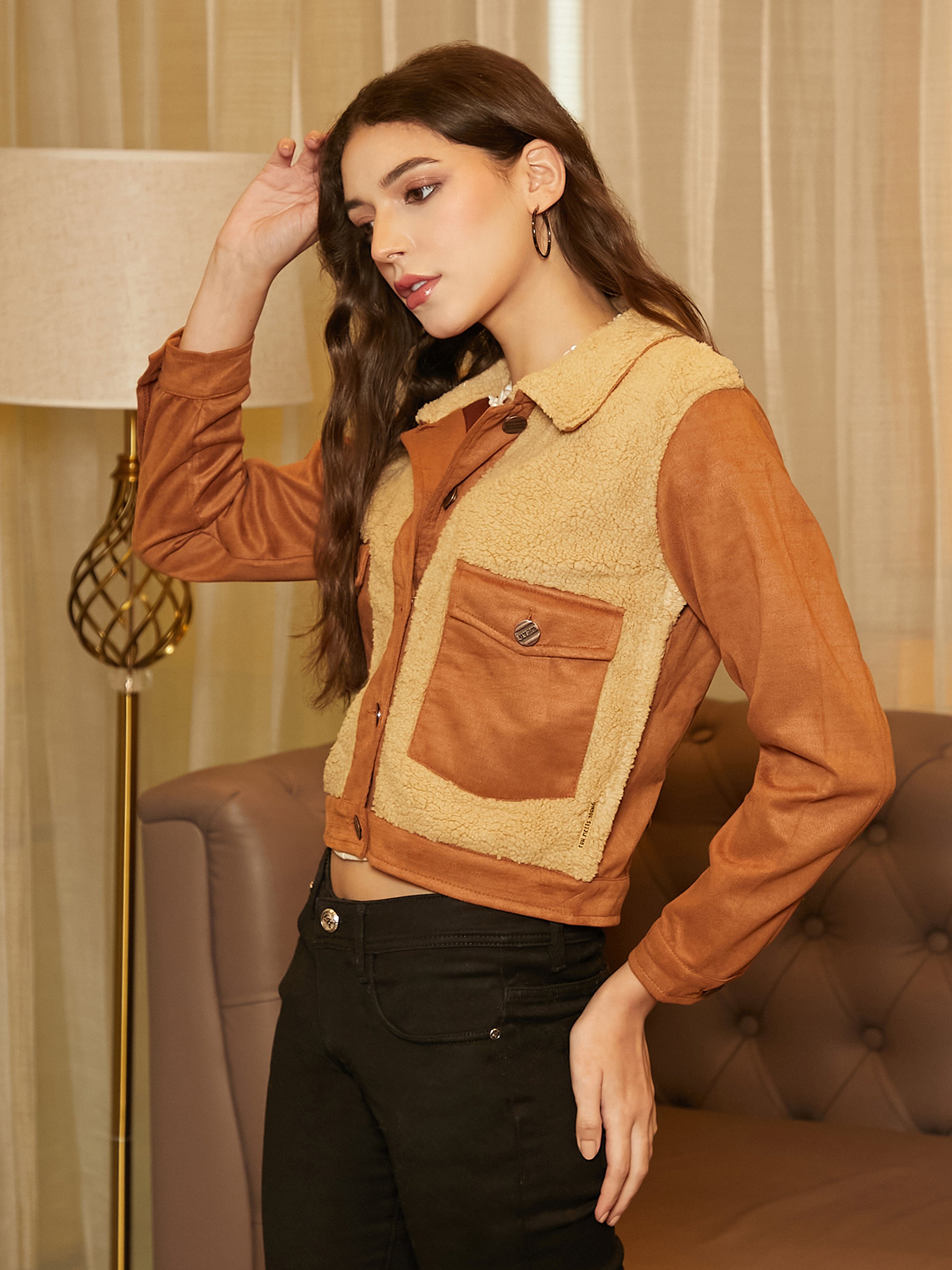 Brown Sherpa Trim Suede Jacket