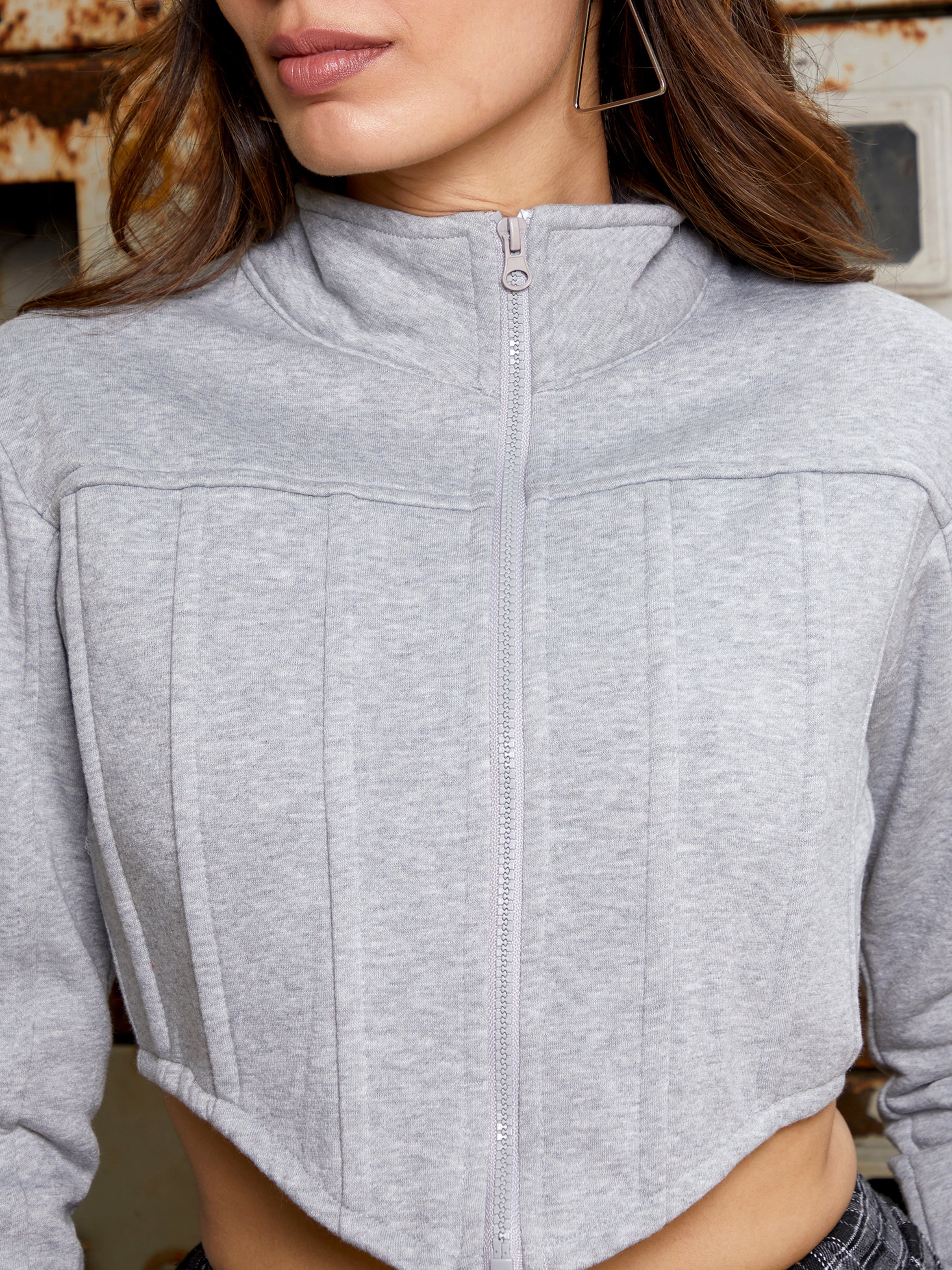 Grey Cropped Zip-Up Sweatshirt