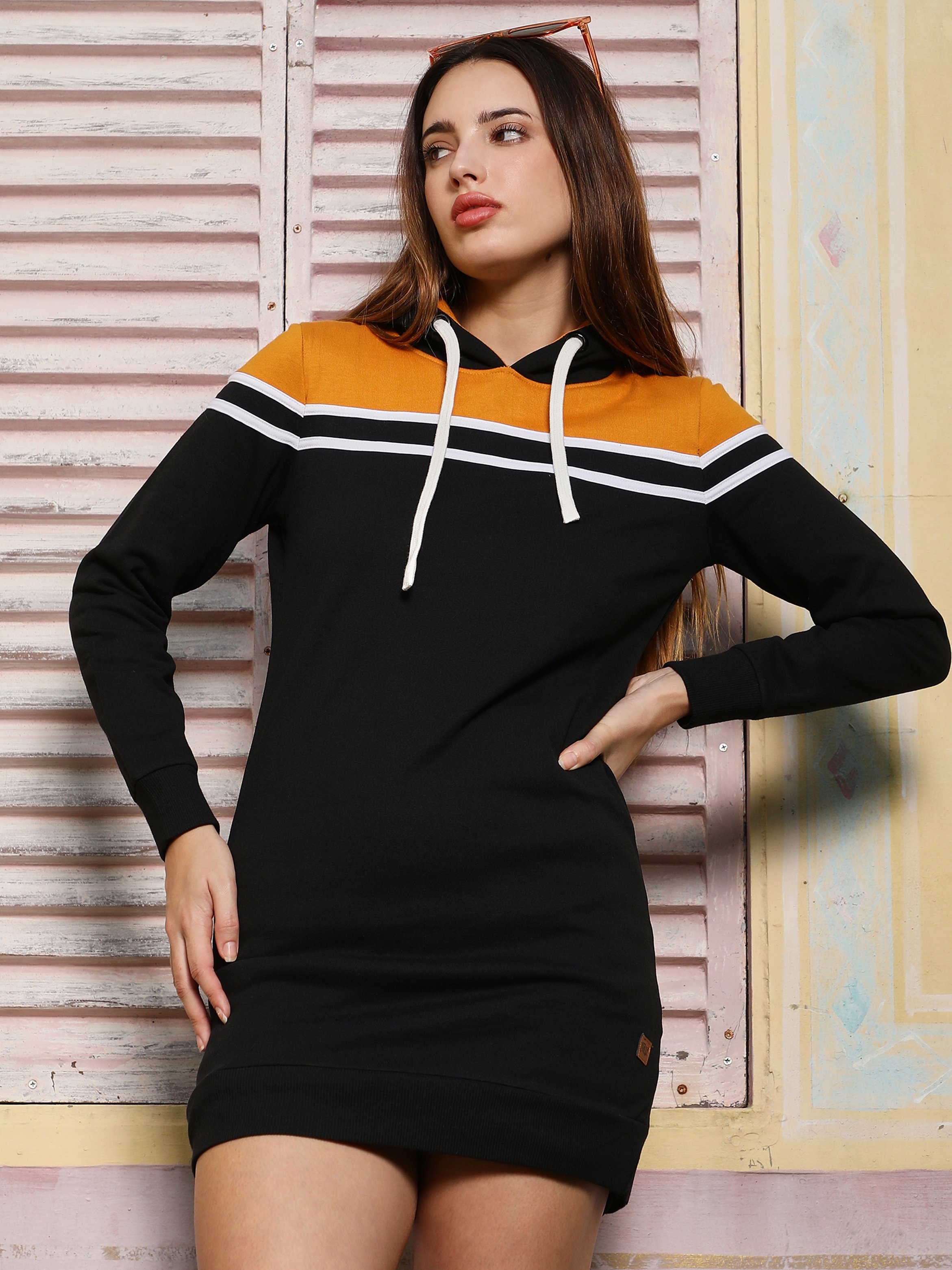 Black Color Block Hooded Mini Dress