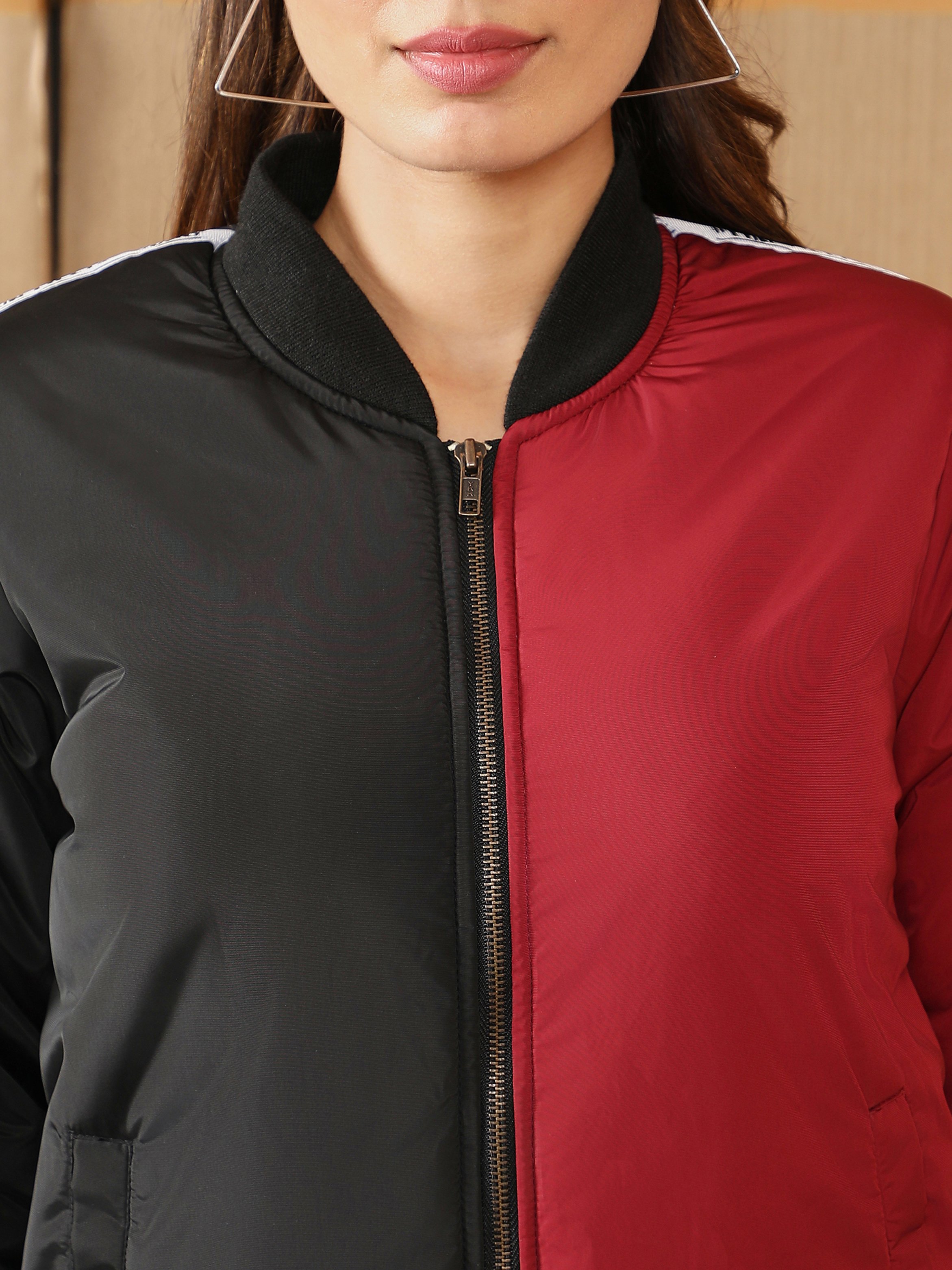Brick Red and Onyx Black Zip-Front Block Bomber Jacket