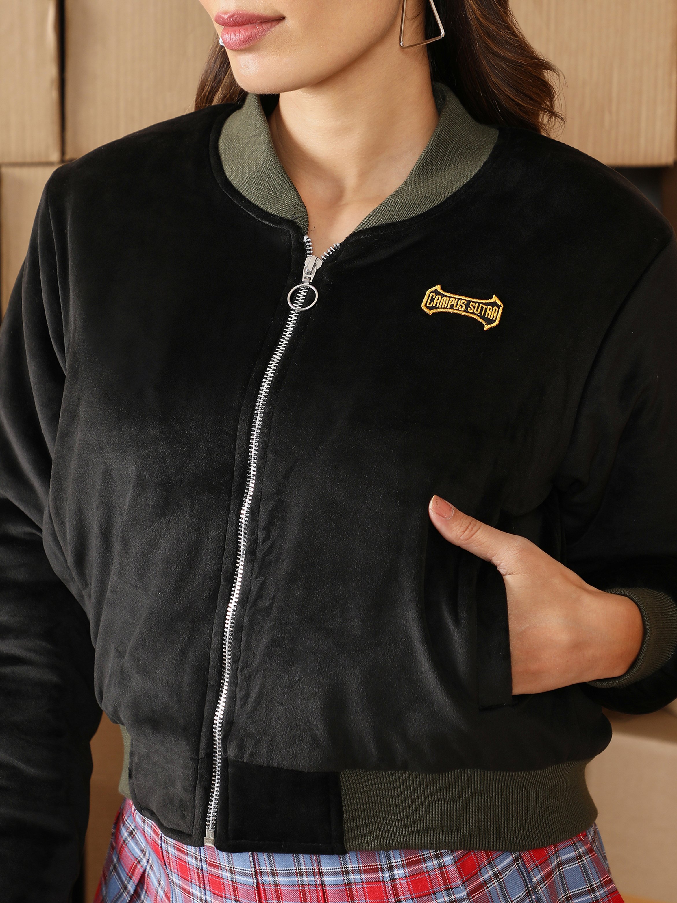 Onyx Black Velvet Bomber Jacket