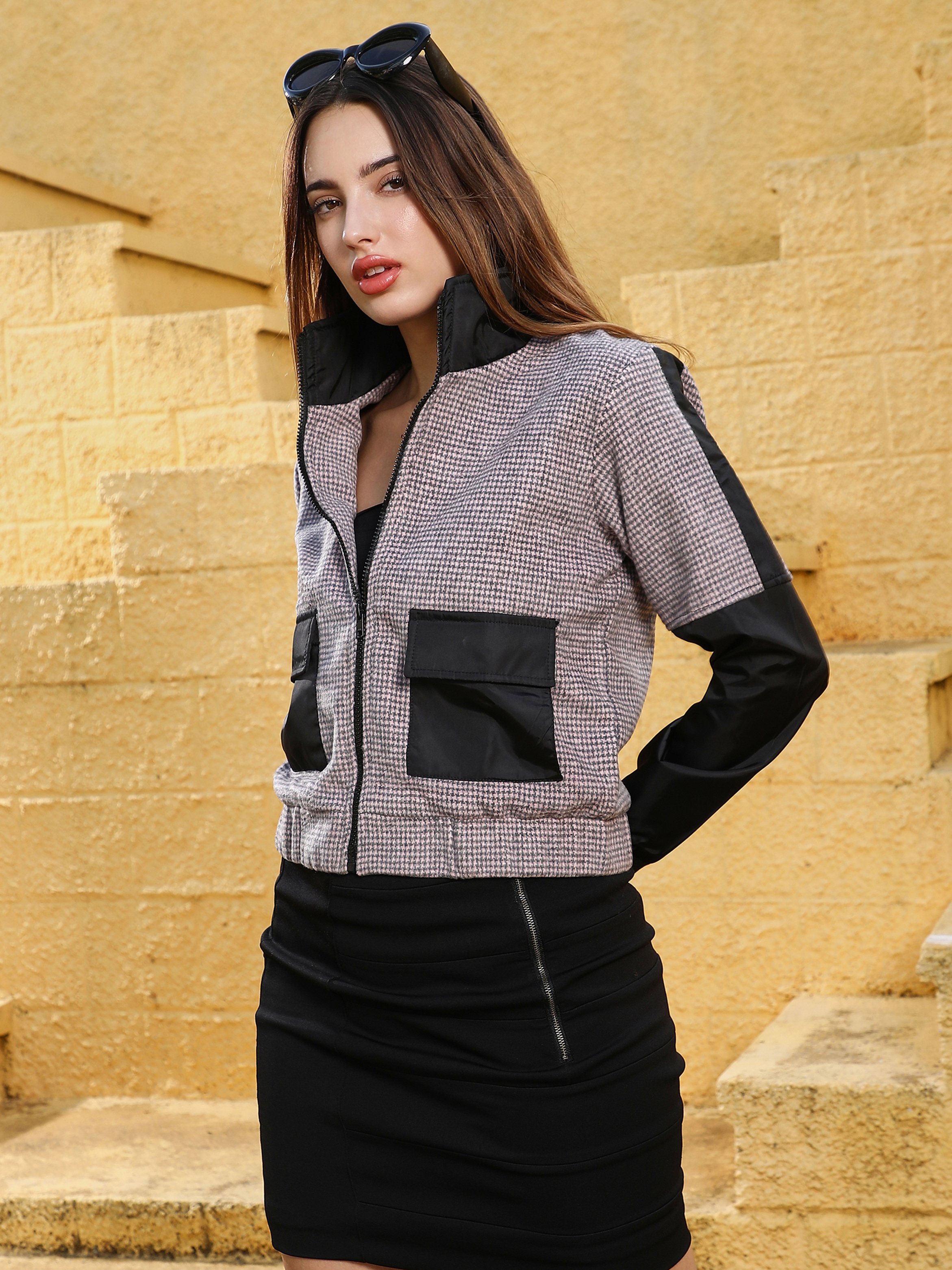 Onyx Black and Cloud Grey Houndstooth Block Jacket