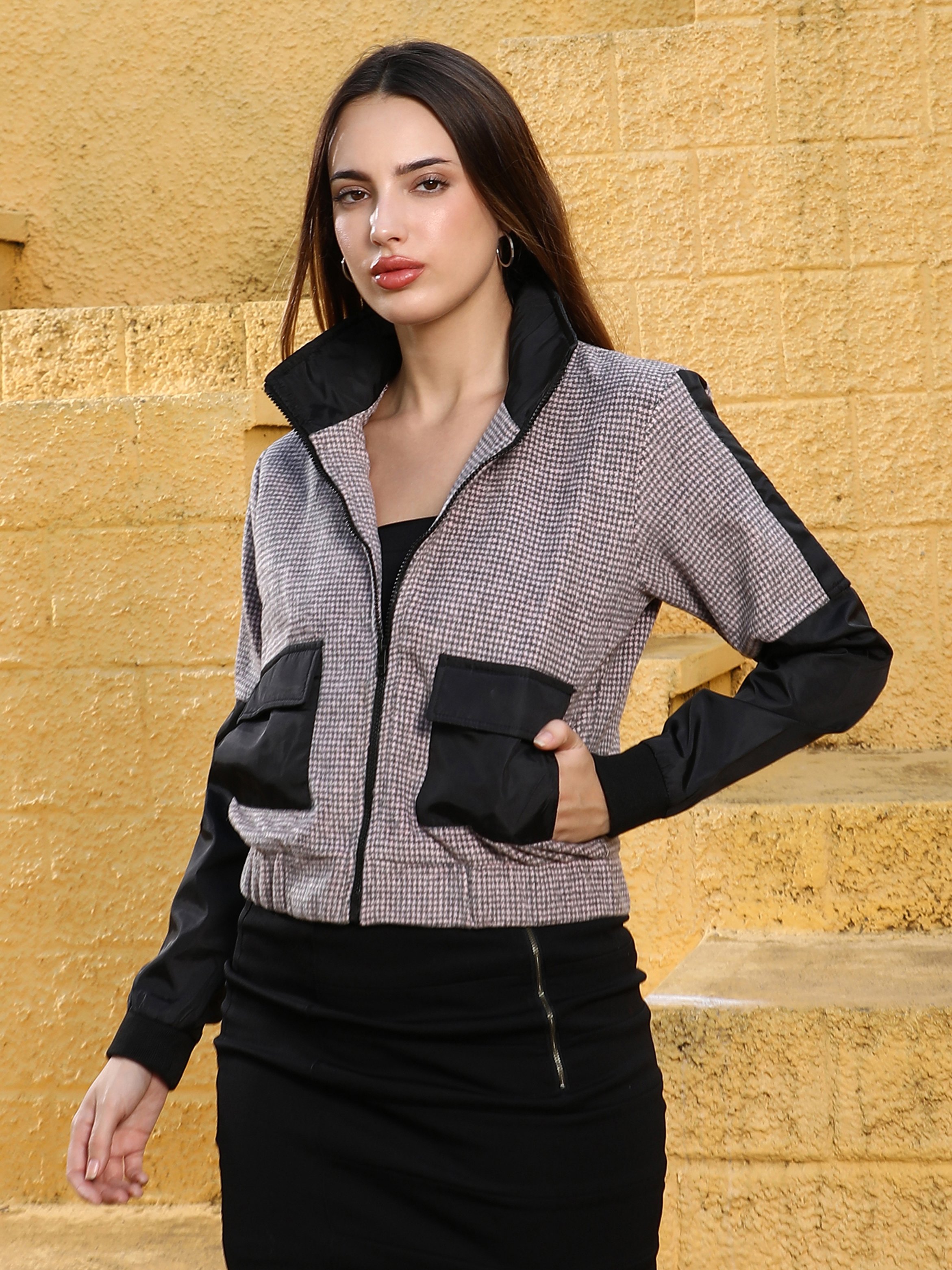 Onyx Black and Cloud Grey Houndstooth Block Jacket