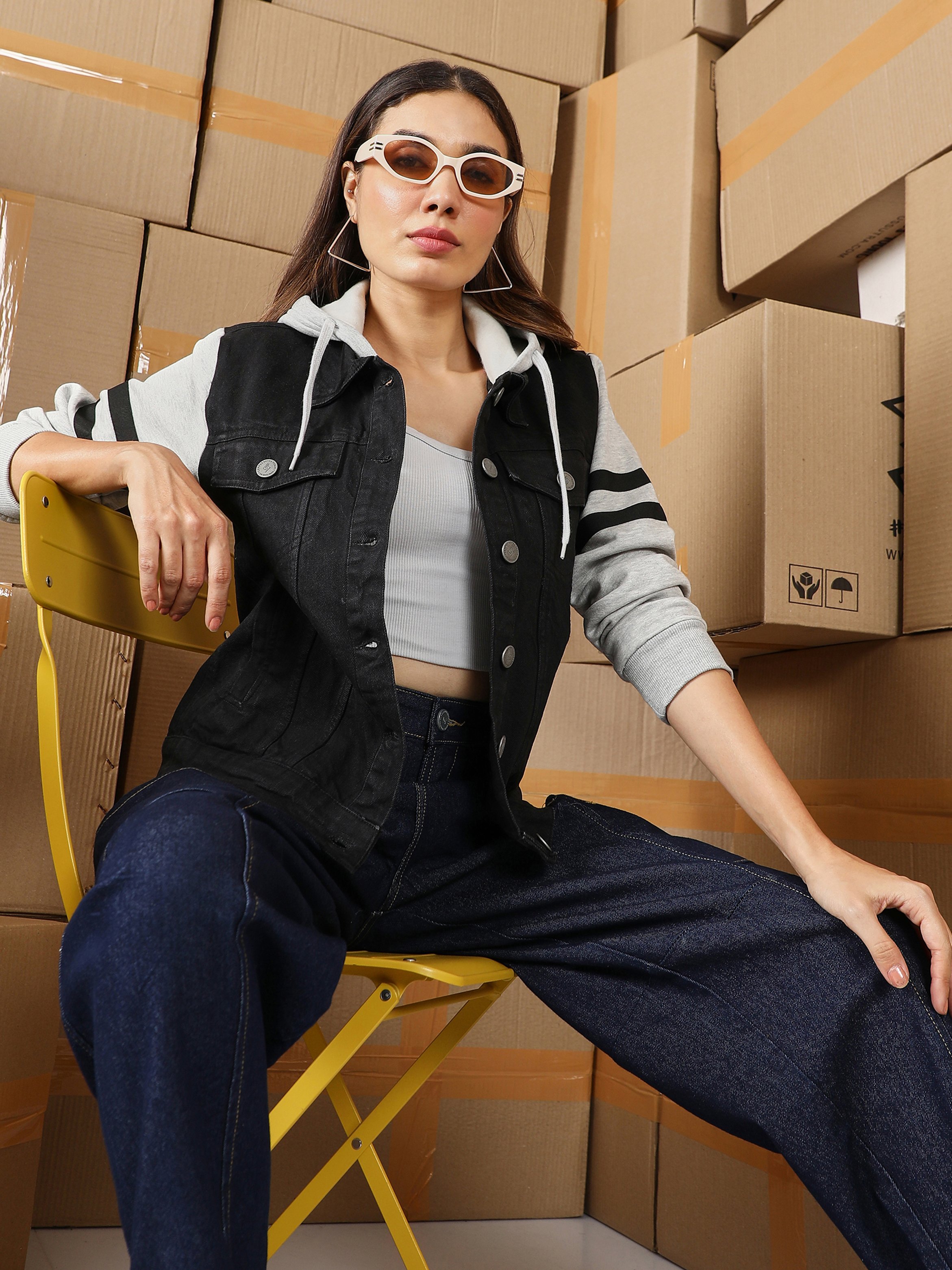 Midnight Black and Cloud Grey Dark-Wash Block Denim Jacket