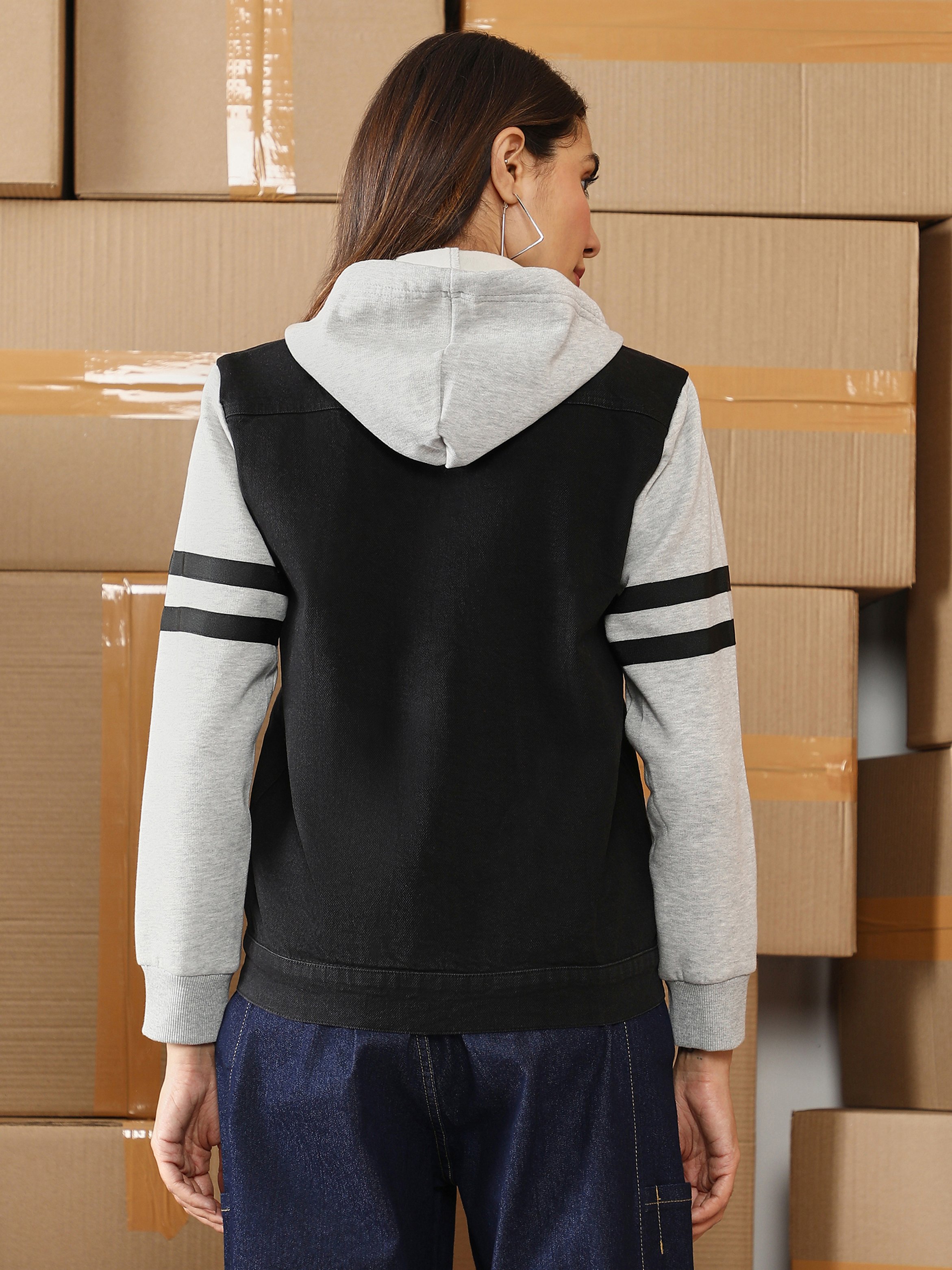 Midnight Black and Cloud Grey Dark-Wash Block Denim Jacket