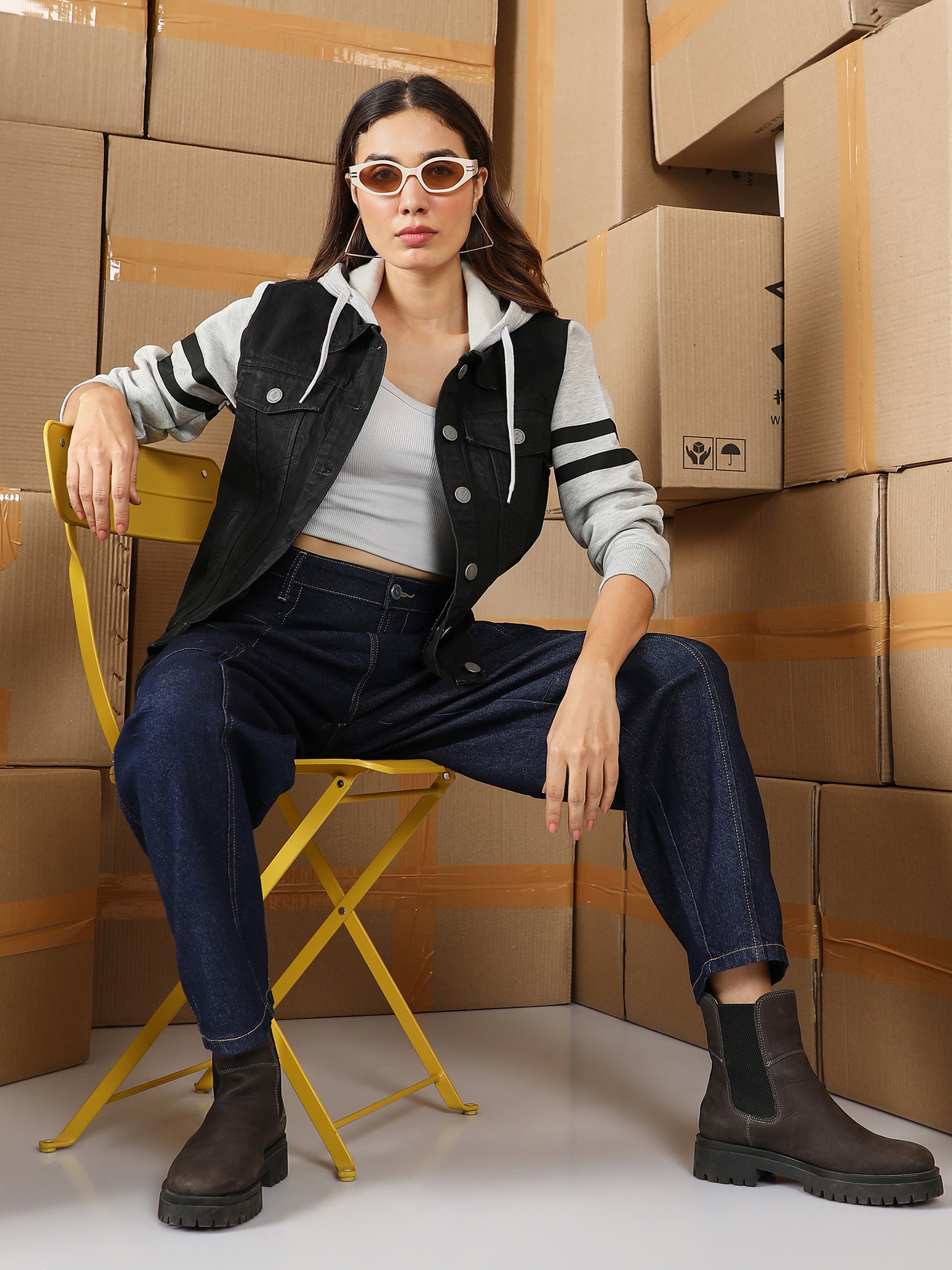 Midnight Black and Cloud Grey Dark-Wash Block Denim Jacket