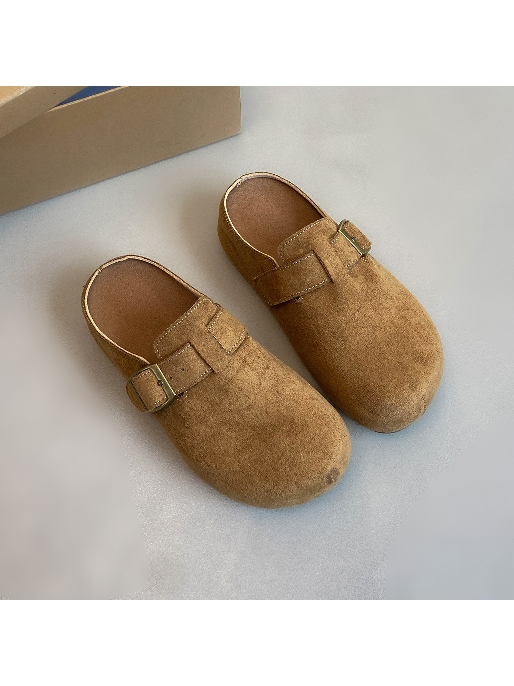 Tan Suede Look Buckle Shoes