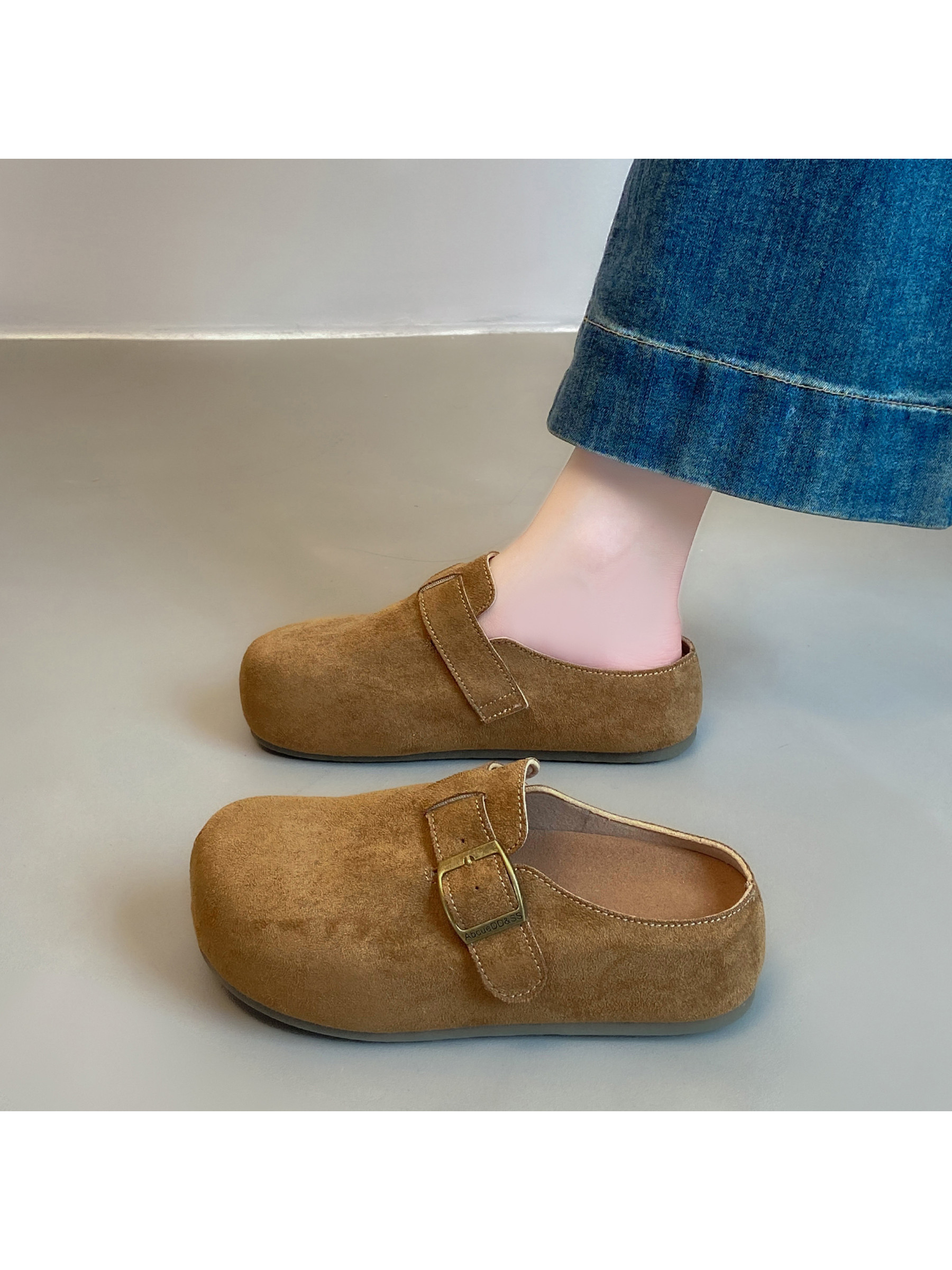Tan Suede Look Buckle Shoes