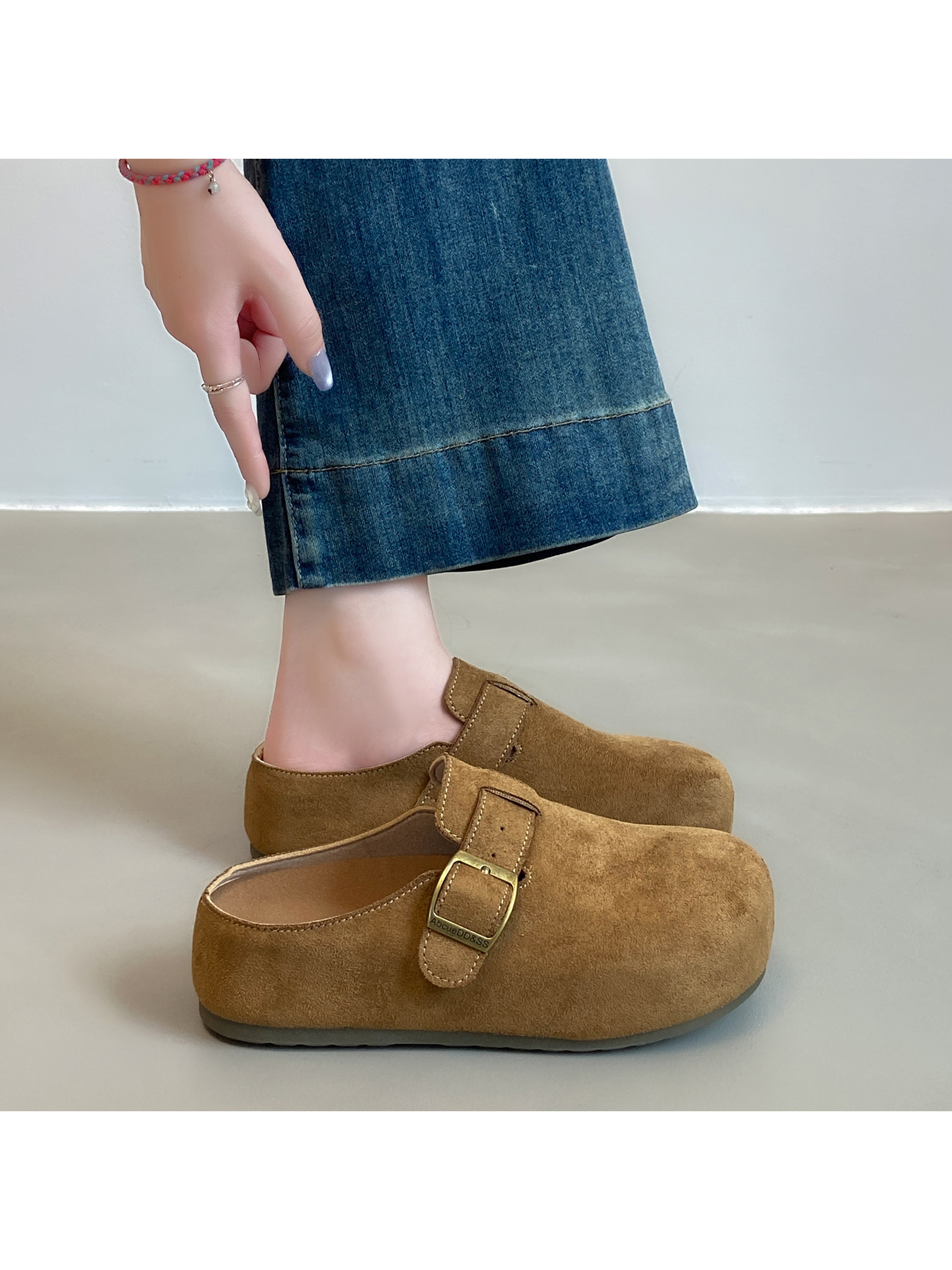 Tan Suede Look Buckle Shoes