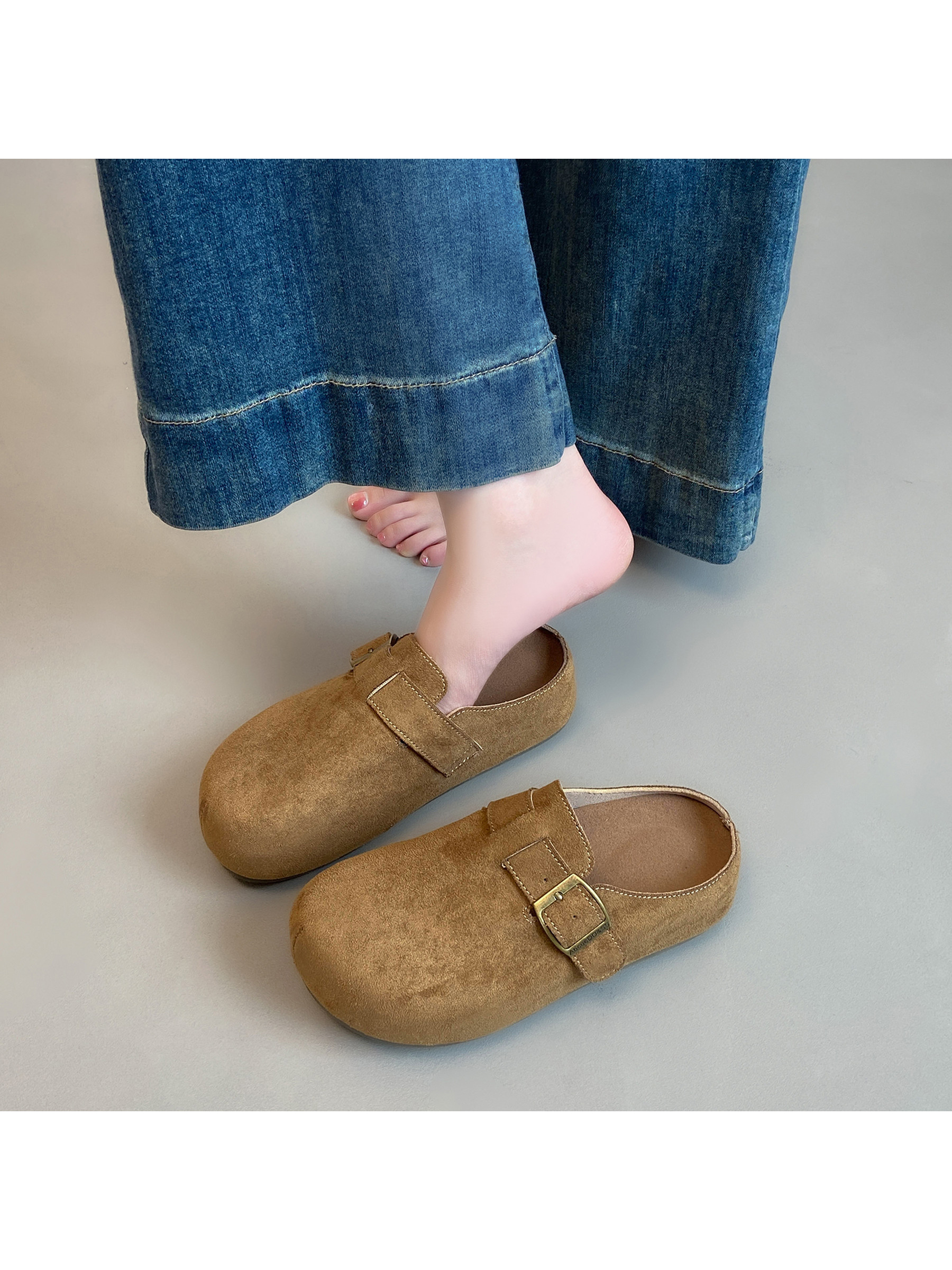 Tan Suede Look Buckle Shoes