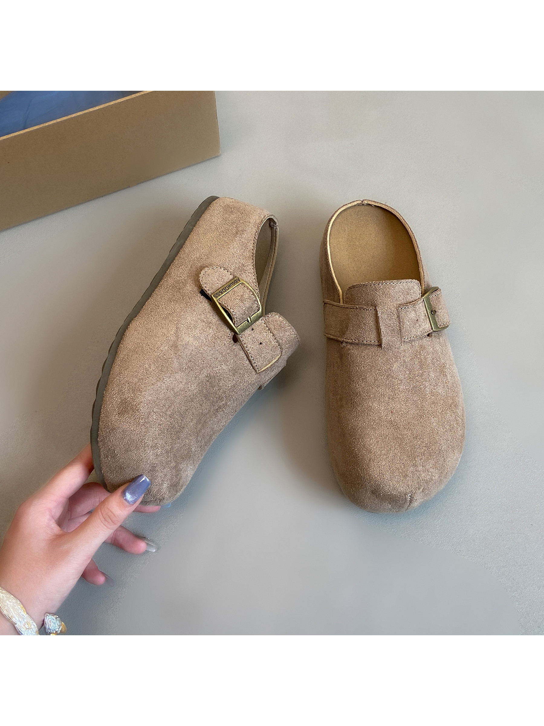 Beige Suede Look Flat Slip-On Mules