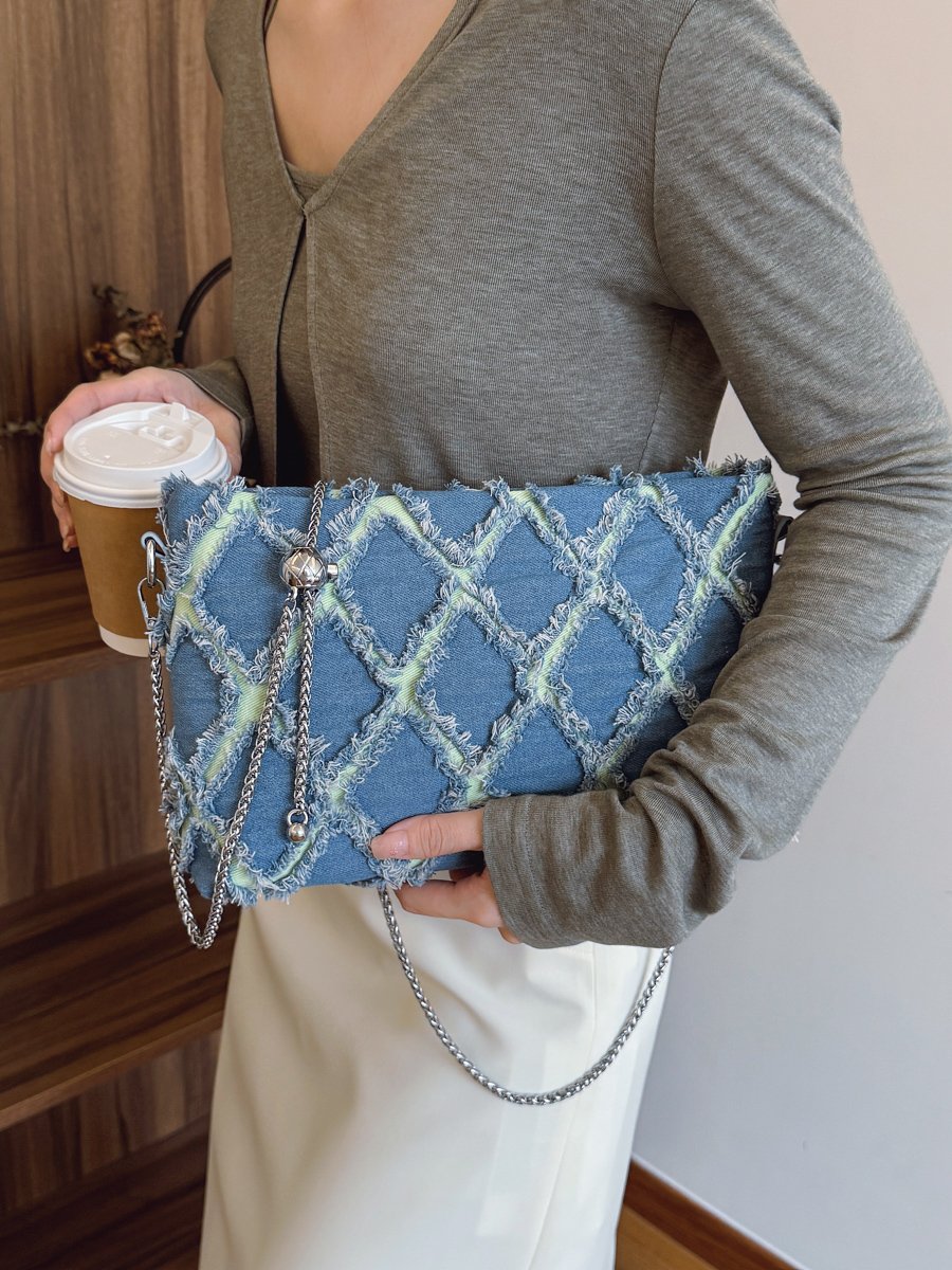 Denim Quilted Shoulder Bag with Chain Strap