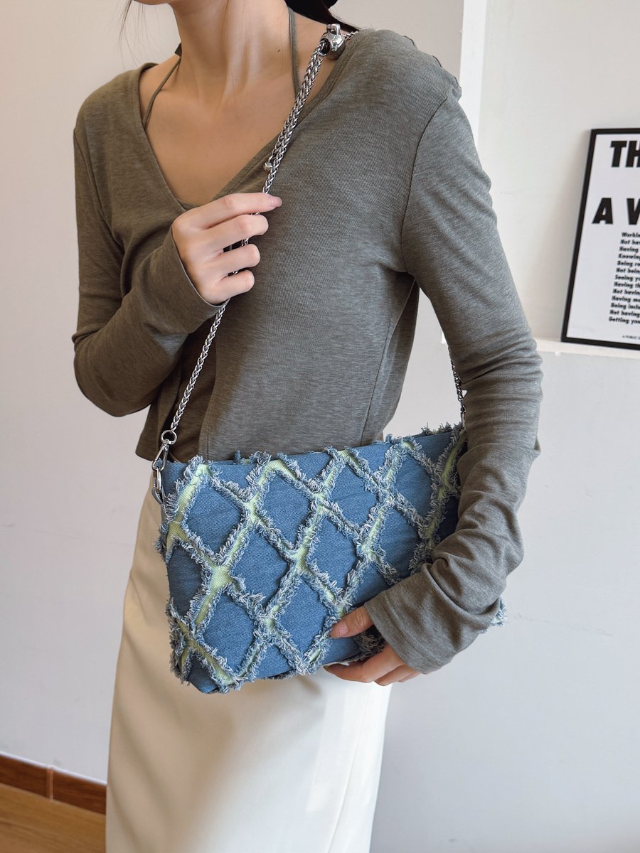 Denim Quilted Shoulder Bag with Chain Strap