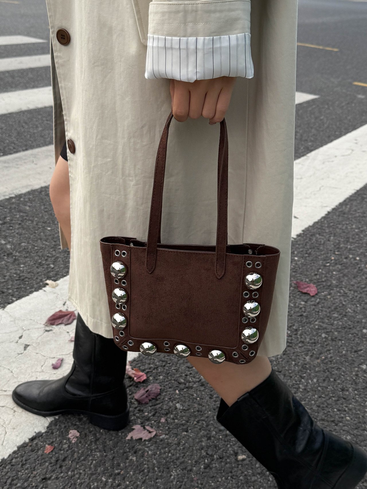 Brown Studded Tote Bag