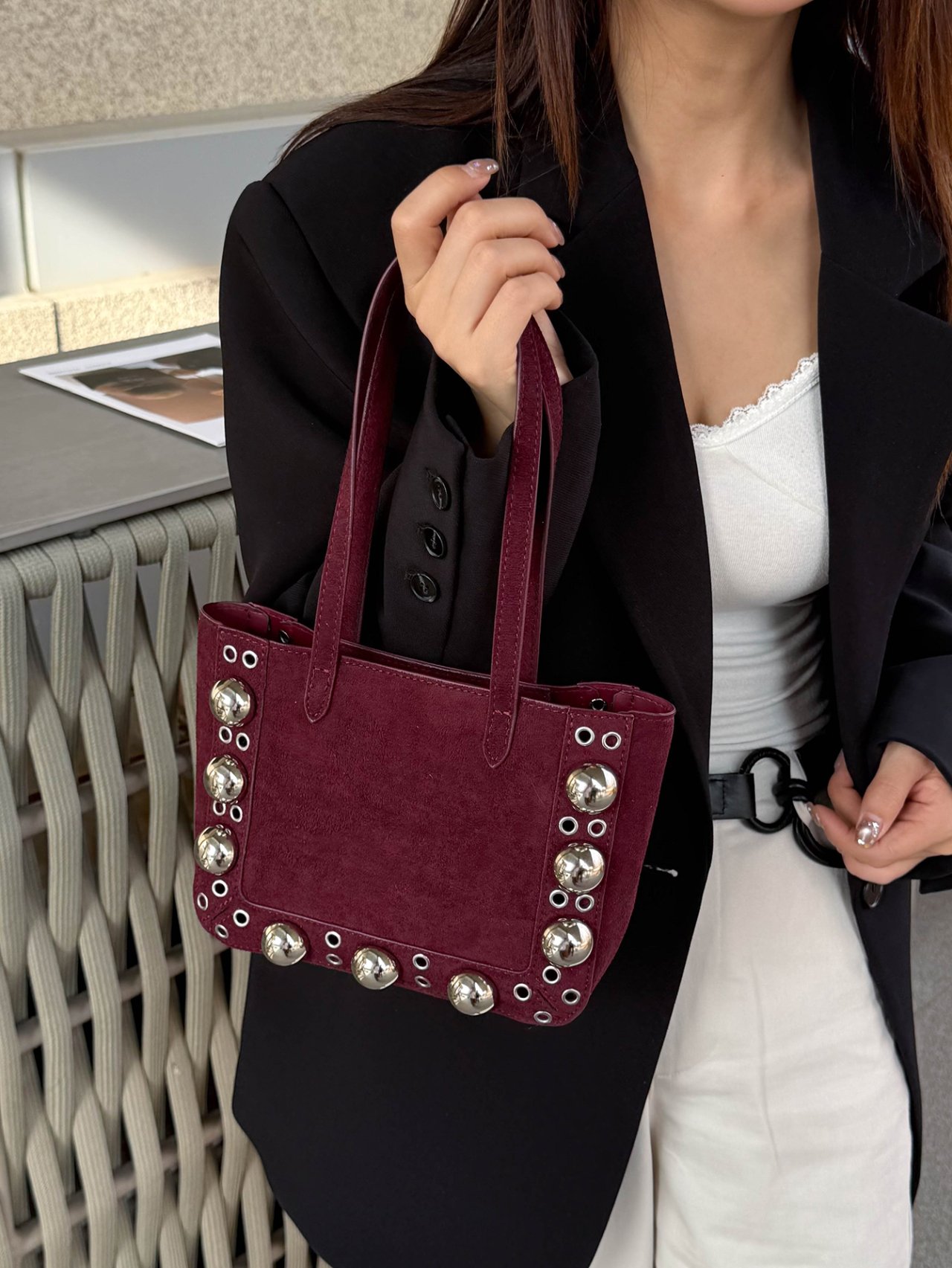 Red Suede Look Studded Handbag