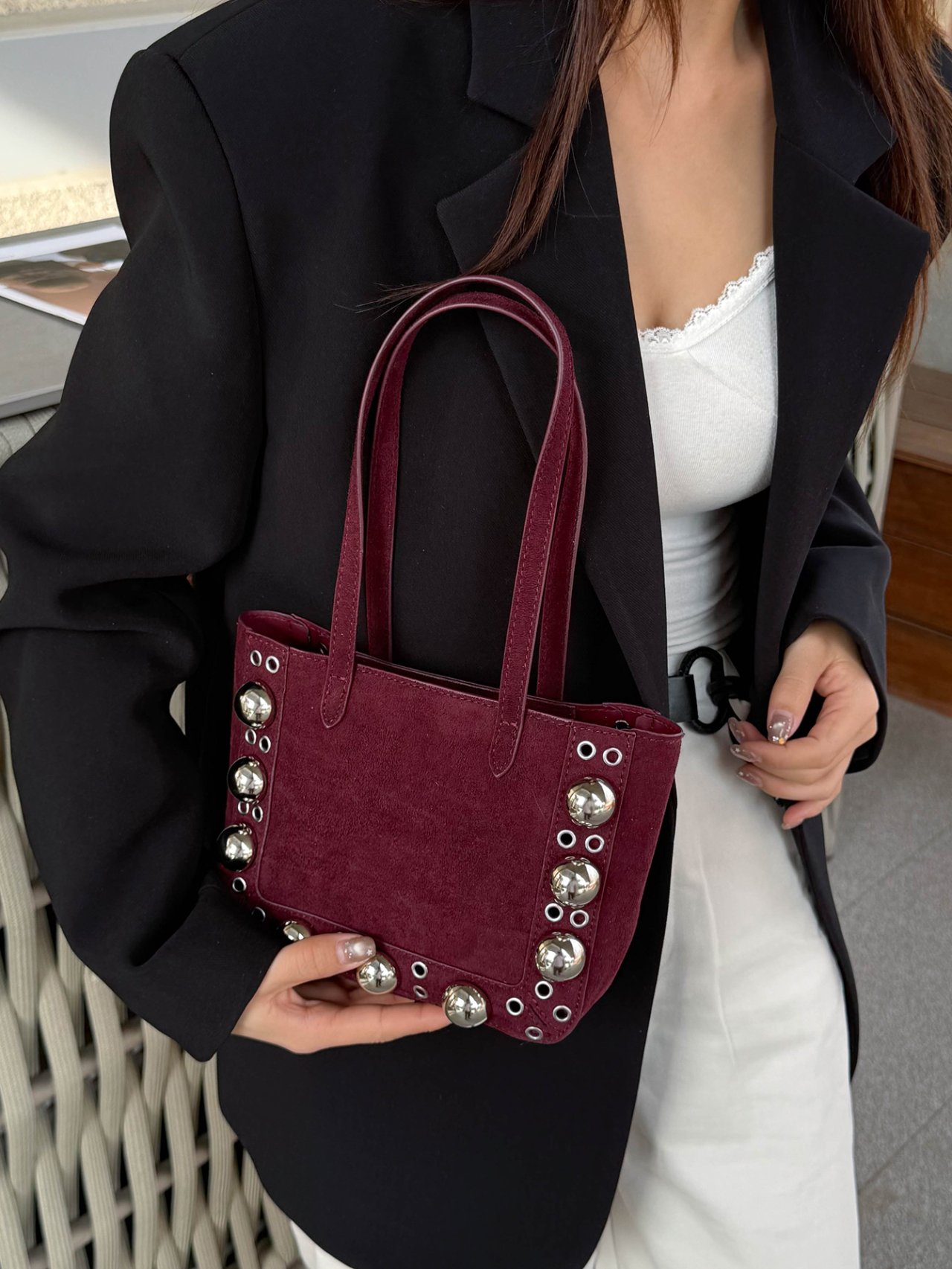 Red Suede Look Studded Handbag
