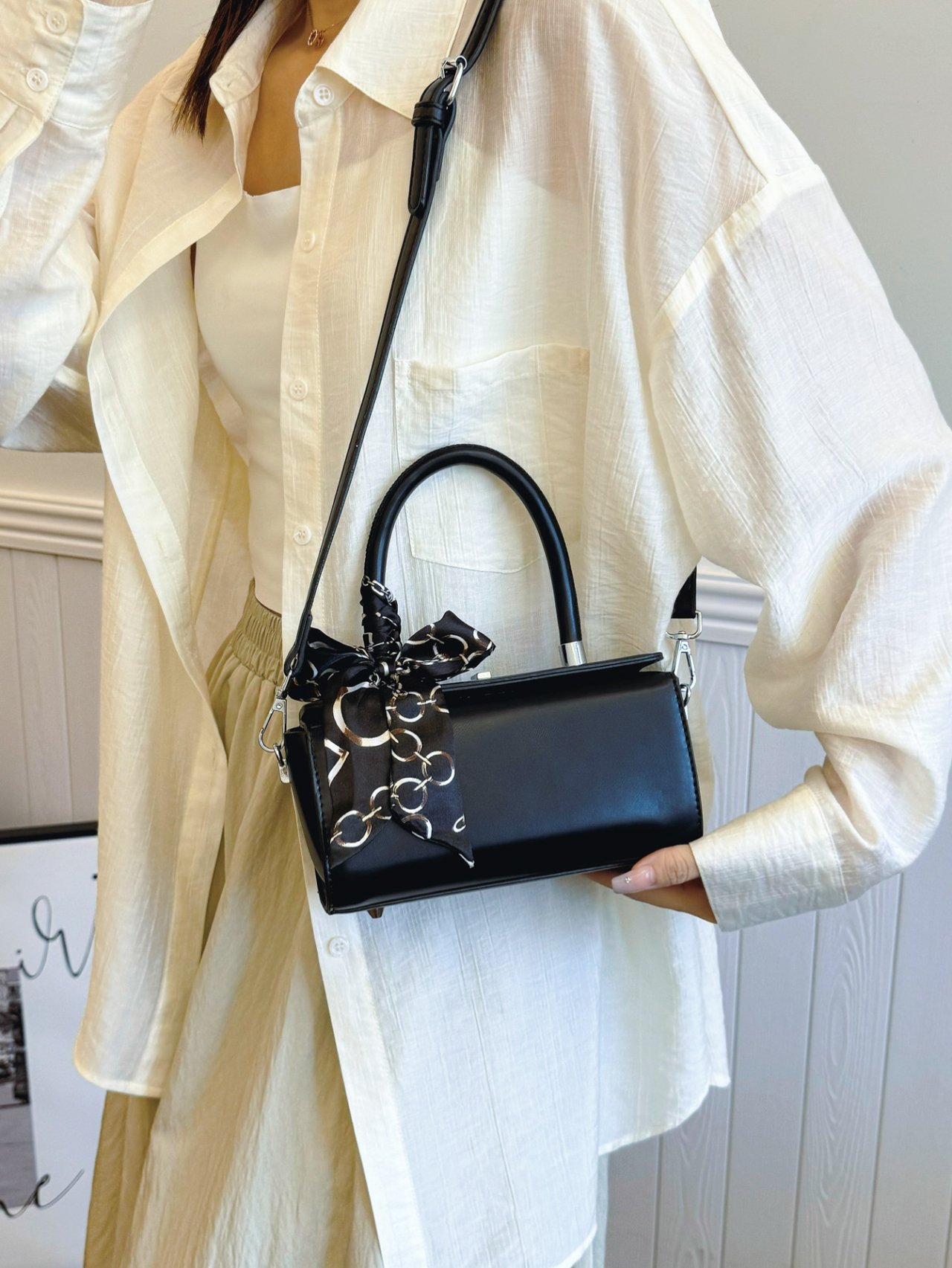 Black Crossbody Bag with Scarf Detail