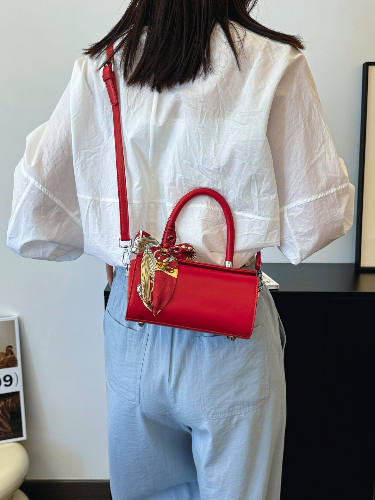 Red Crossbody Bag with Silk Scarf Detail