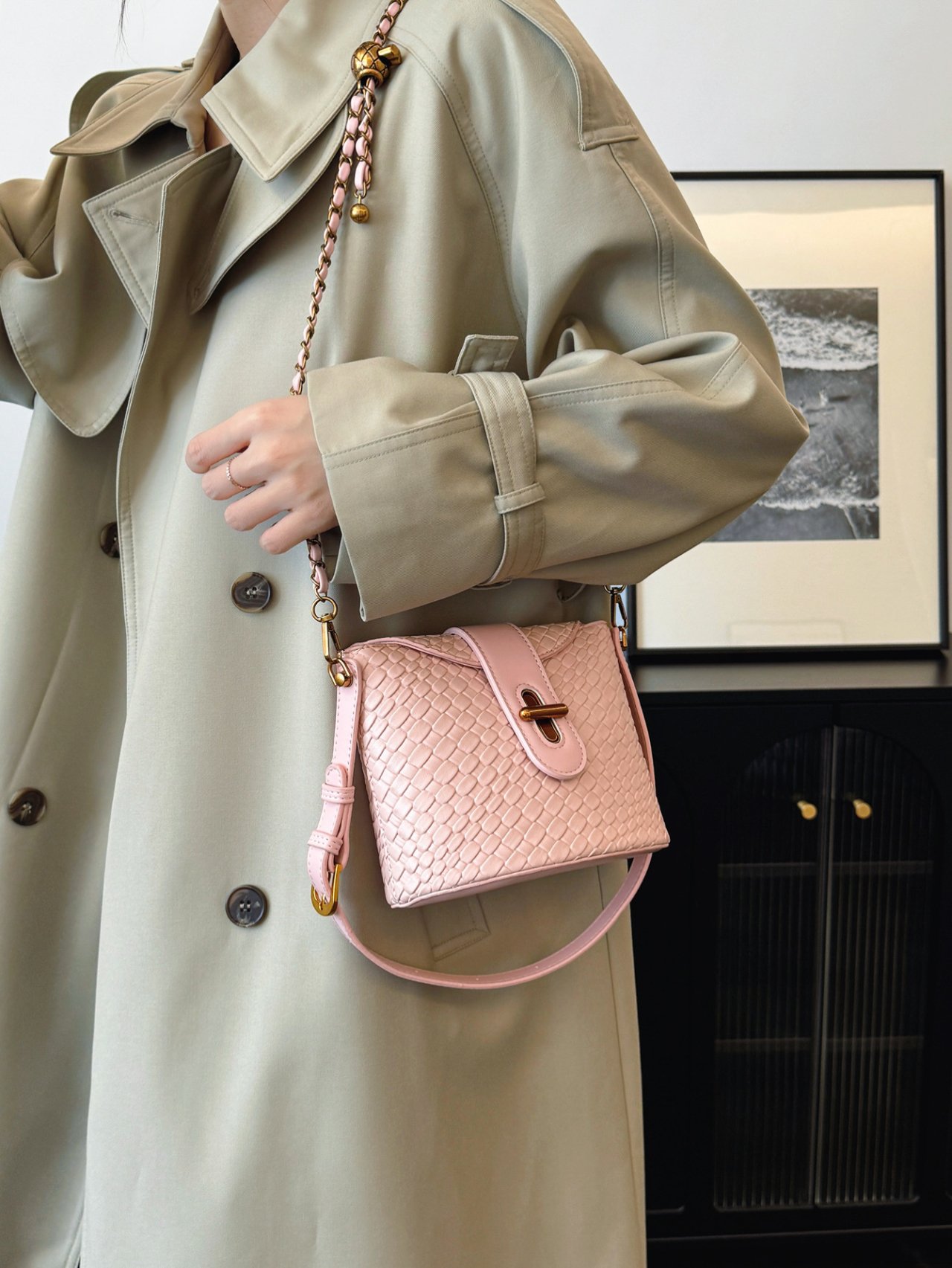 Pink Woven Crossbody Bag 