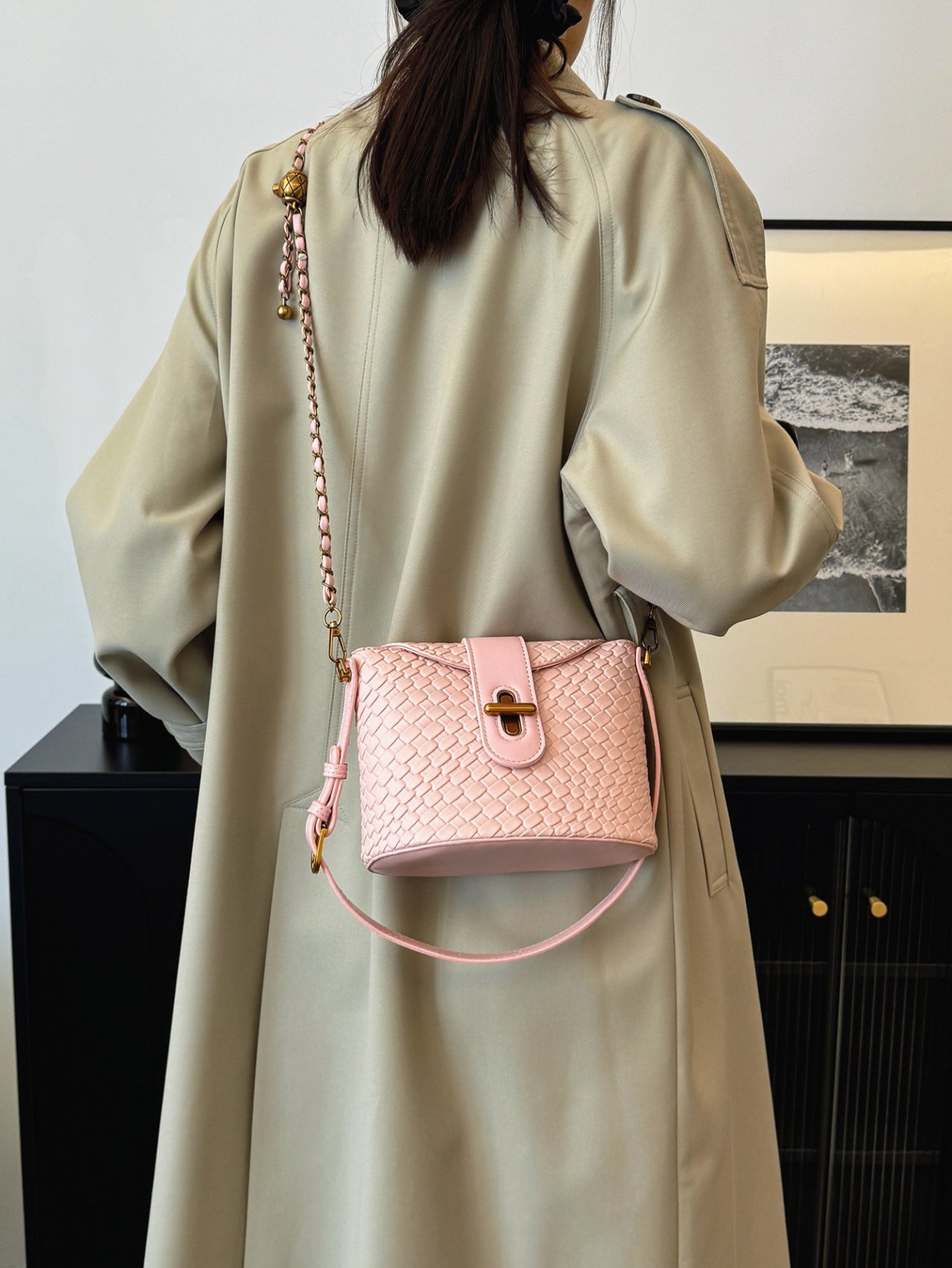 Pink Woven Crossbody Bag 