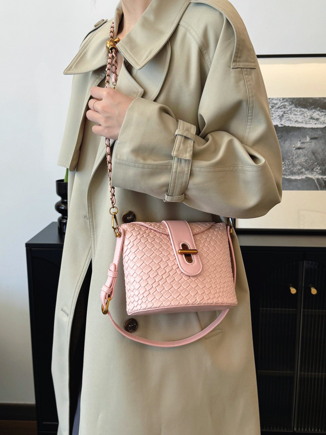 Pink Woven Crossbody Bag 