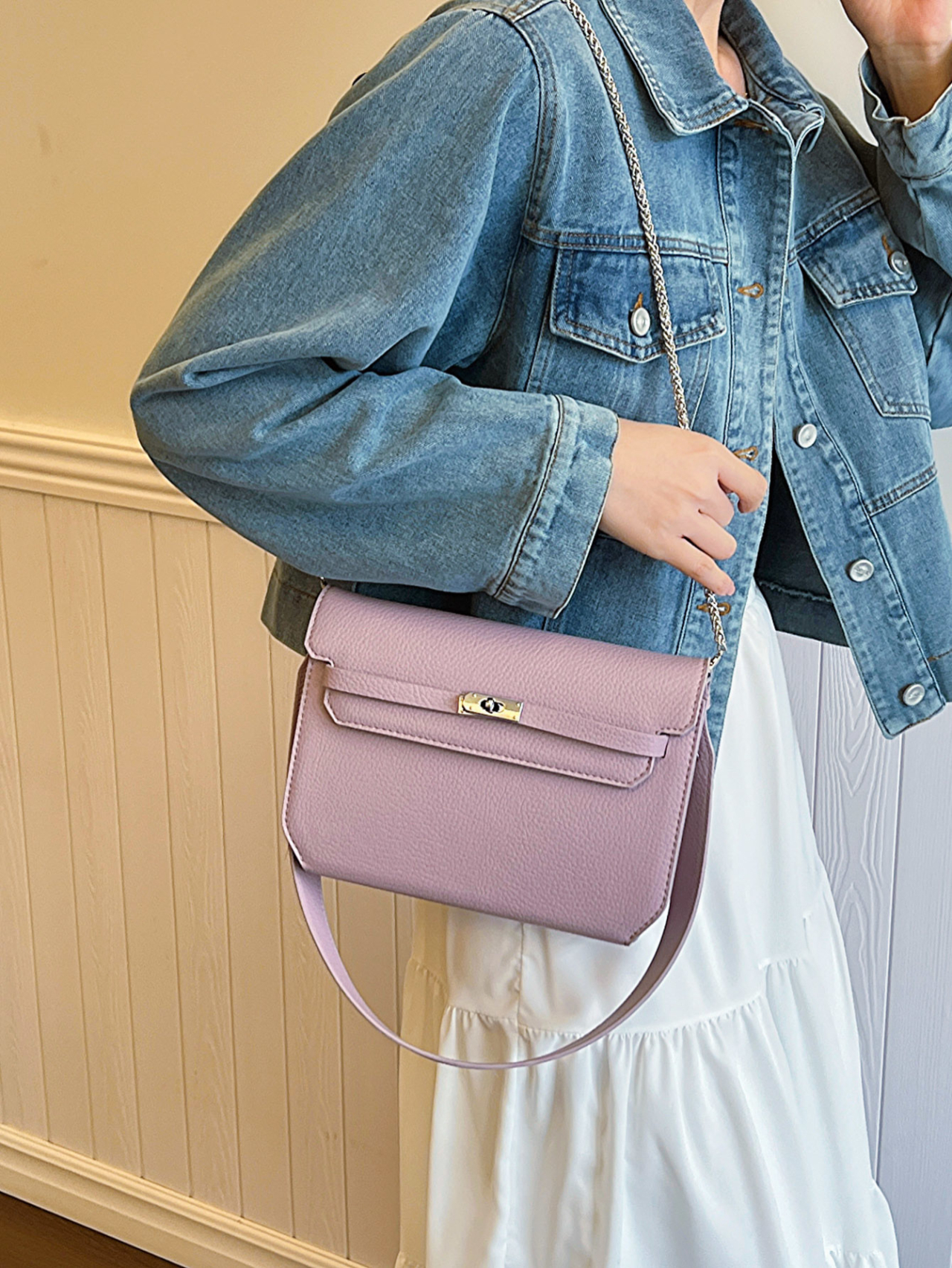 Shoulder Bag with Gold-Tone Lock
