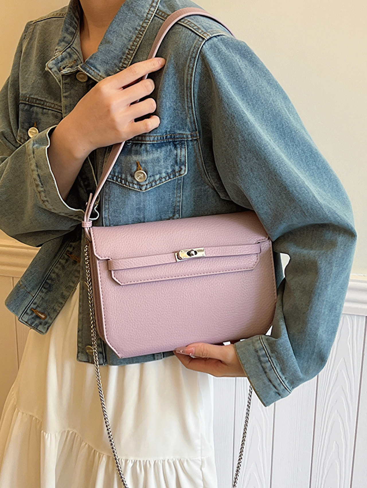 Shoulder Bag with Gold-Tone Lock