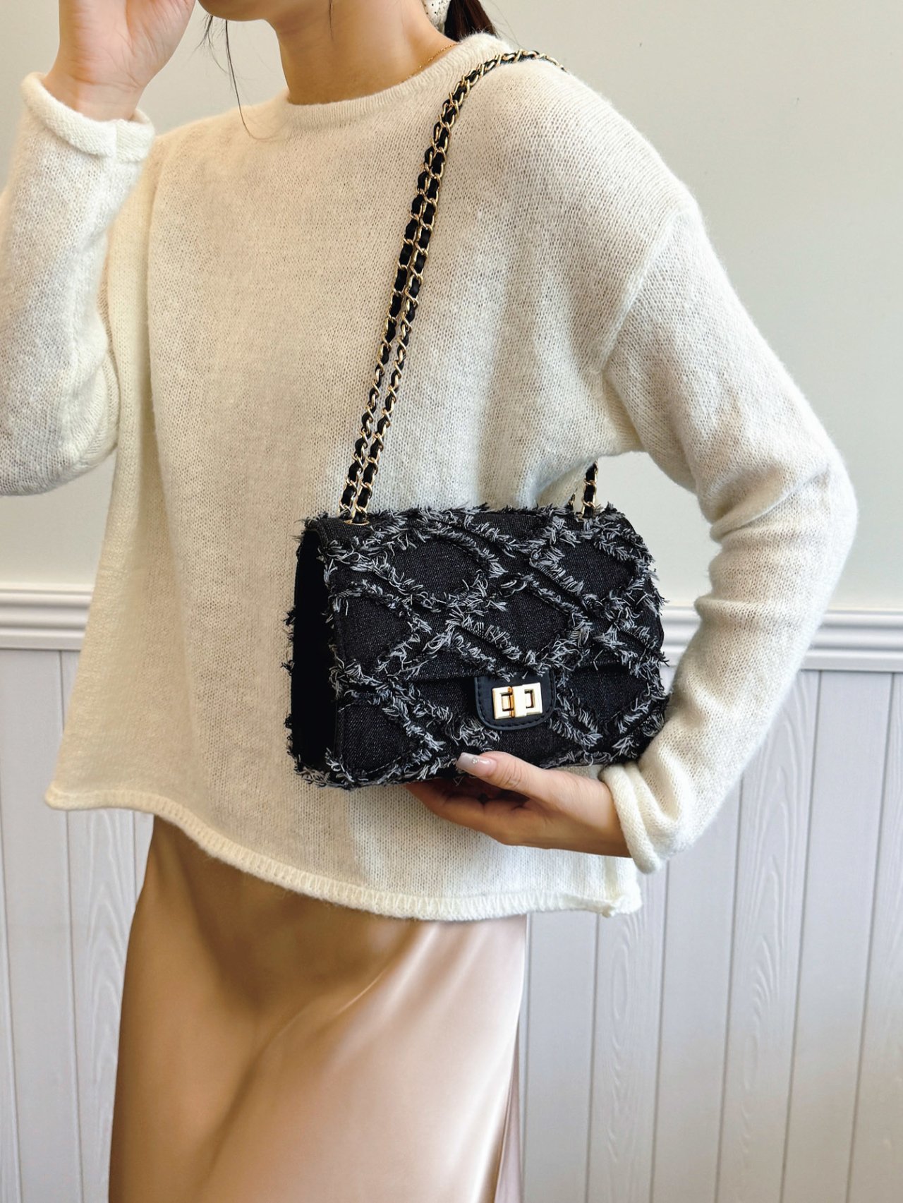 Black Textured Shoulder Bag with Chain Strap