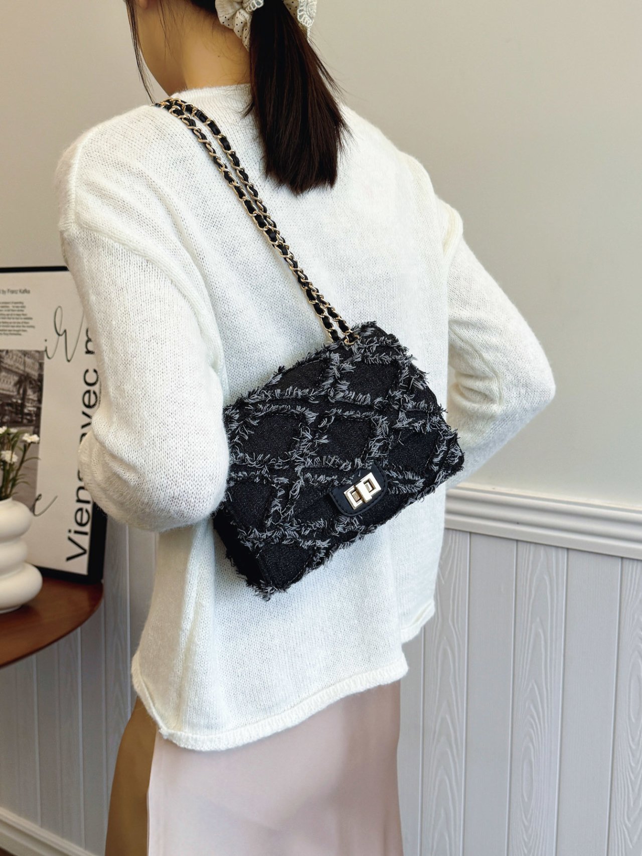 Black Textured Shoulder Bag with Chain Strap