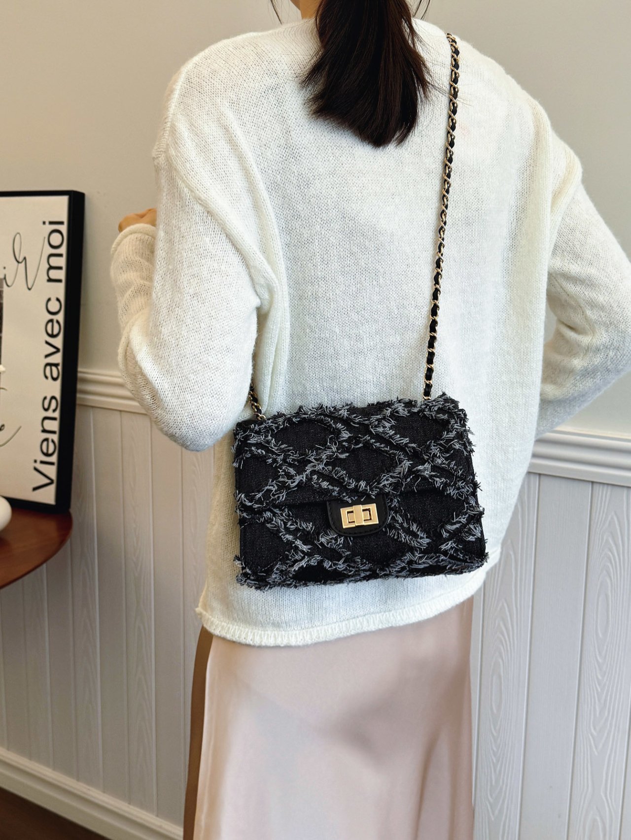 Black Textured Shoulder Bag with Chain Strap