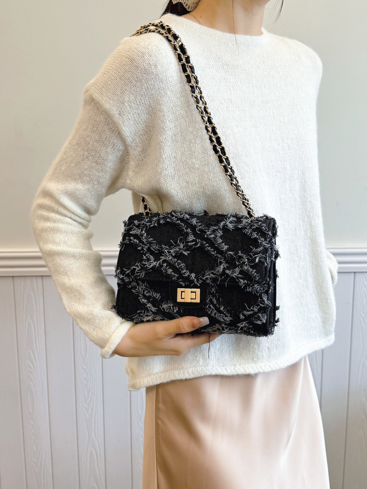 Black Textured Shoulder Bag with Chain Strap