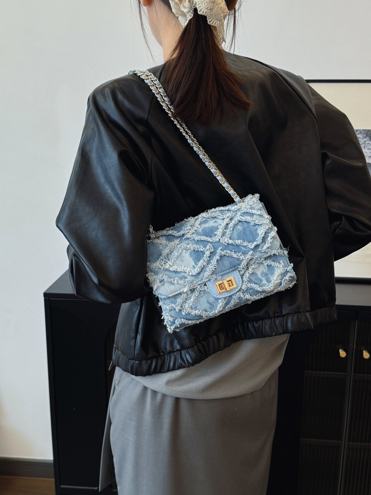 Blue Denim Quilted Shoulder Bag with Chain Strap