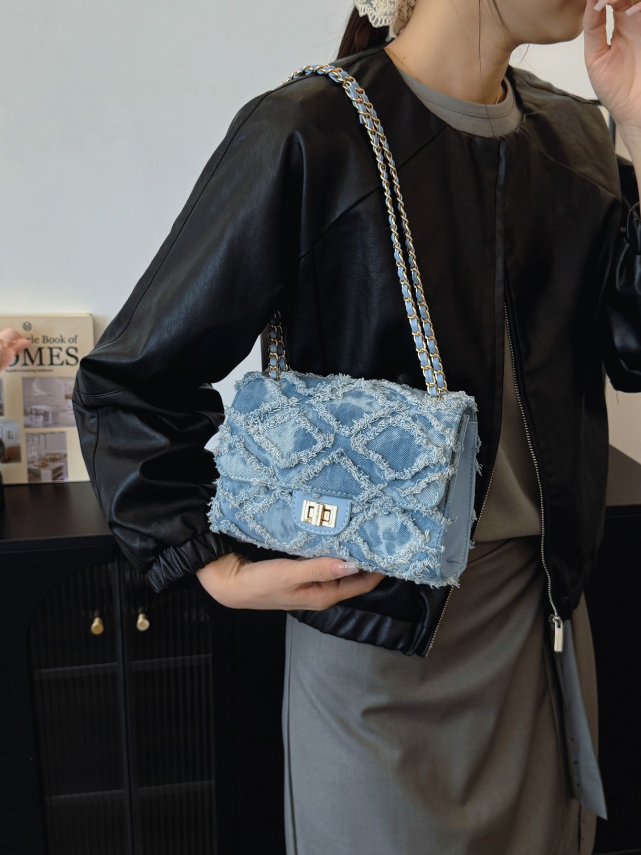 Blue Denim Quilted Shoulder Bag with Chain Strap