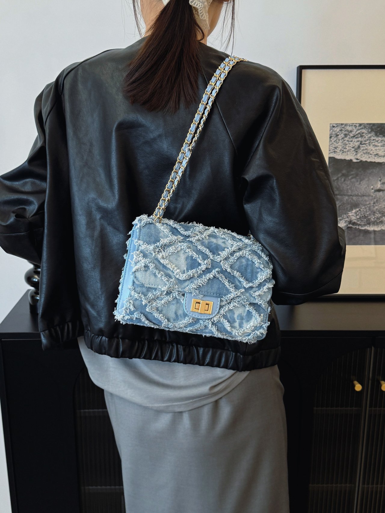 Blue Denim Quilted Shoulder Bag with Chain Strap