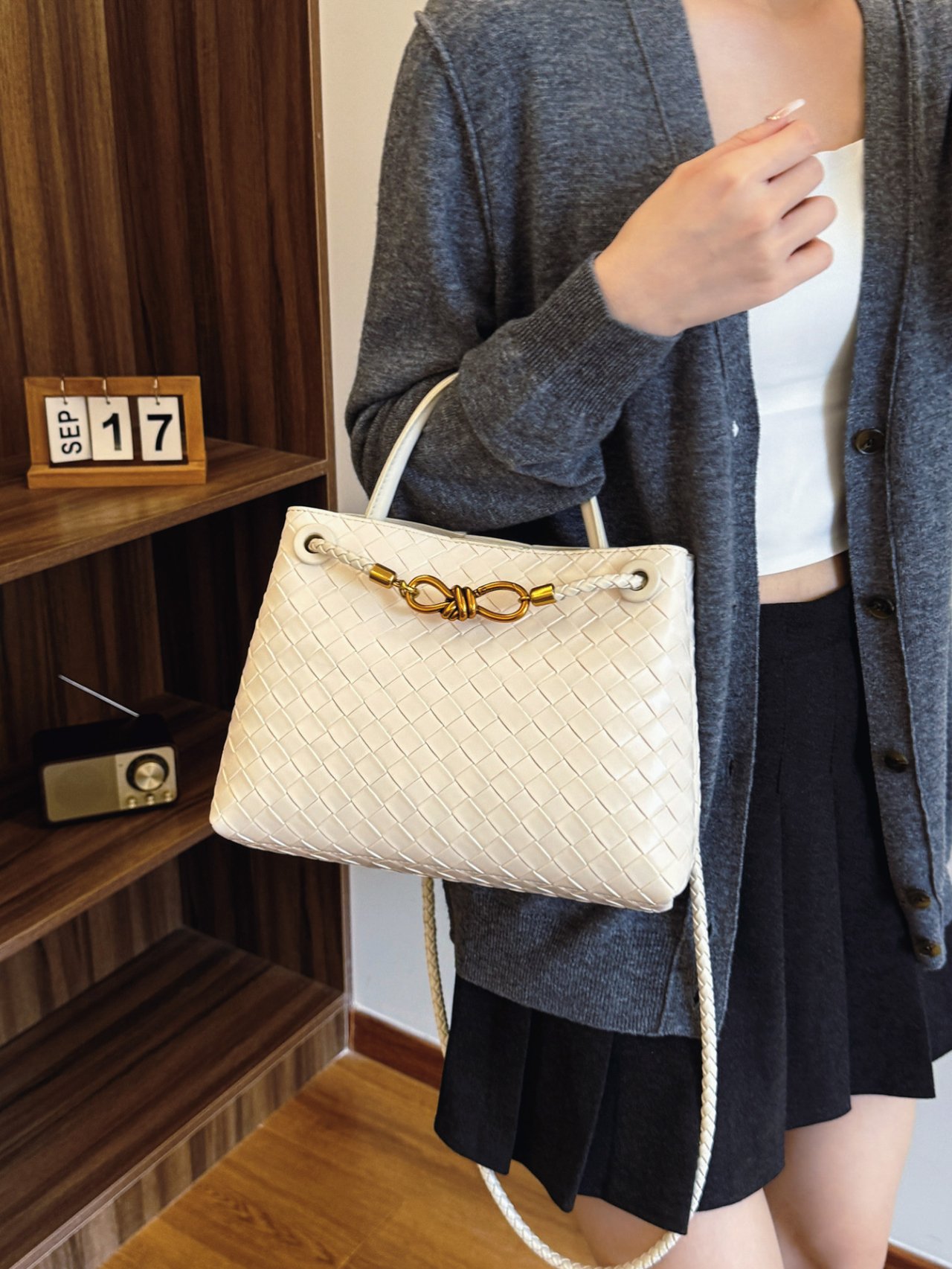 Off-White Woven Shoulder Bag with Knot Detail