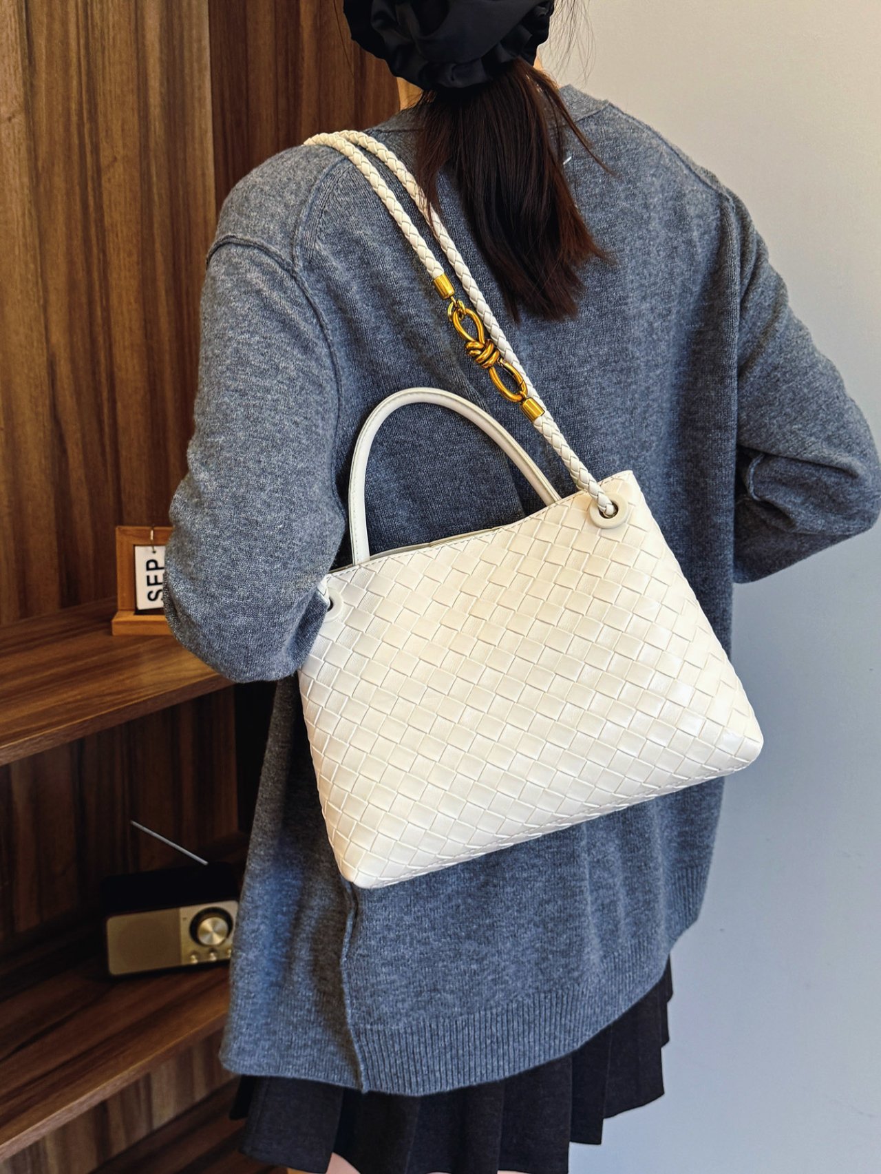 Off-White Woven Shoulder Bag with Knot Detail