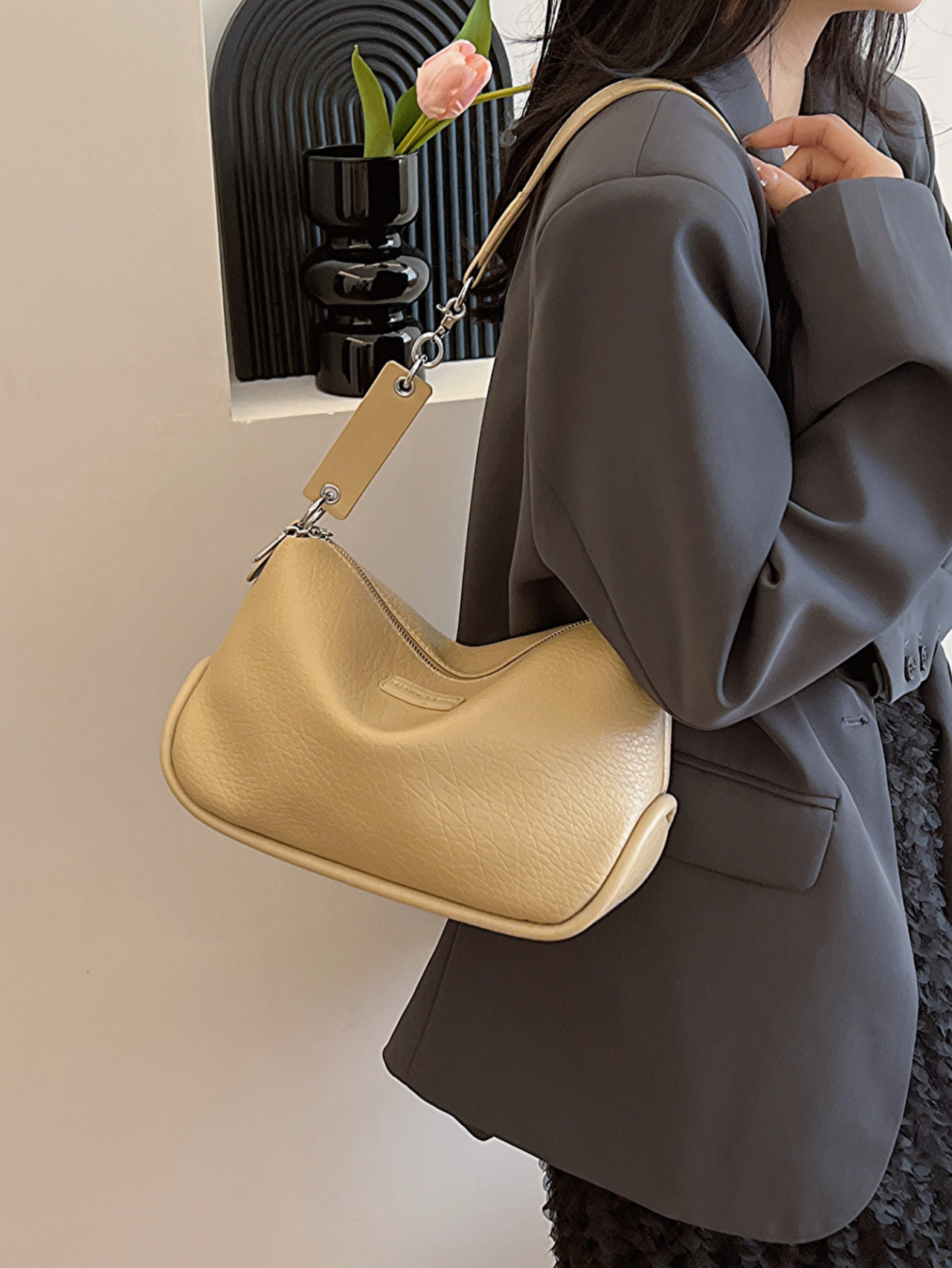 Khaki Textured Shoulder Bag
